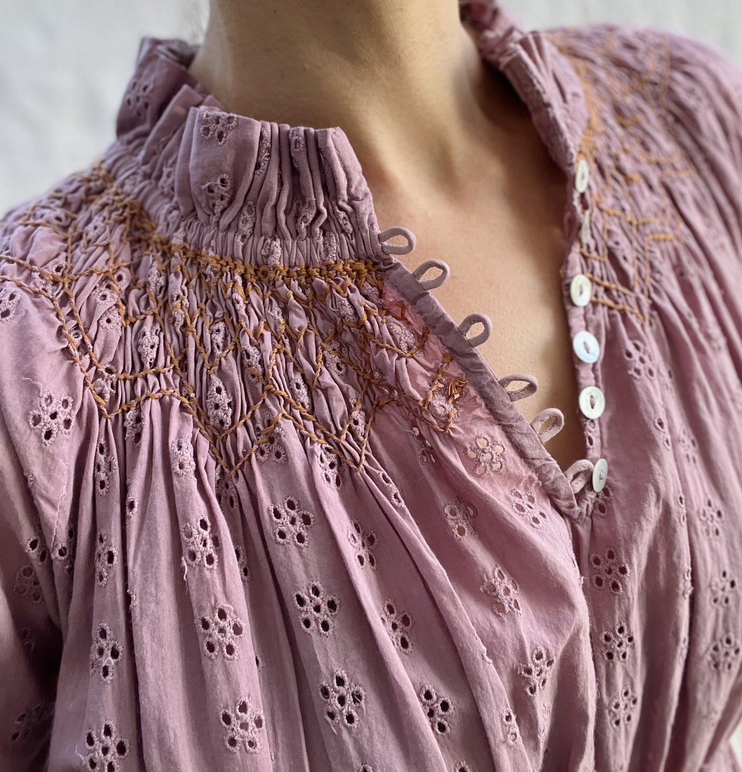 100% RECYCLED COTTON - PRAIRIE MAXI DRESS DUSTY LAVENDER LACE HAND SMOCKED