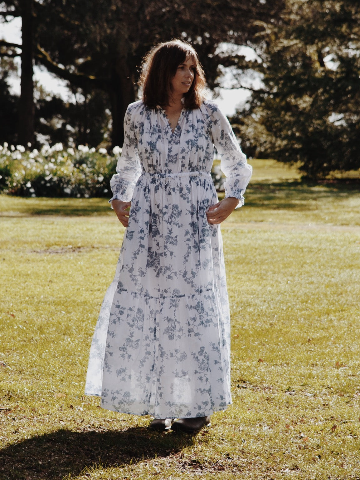 SECONDS - 100% RECYCLED COTTON - PRAIRIE MAXI DRESS TOILE BLUE ROSE