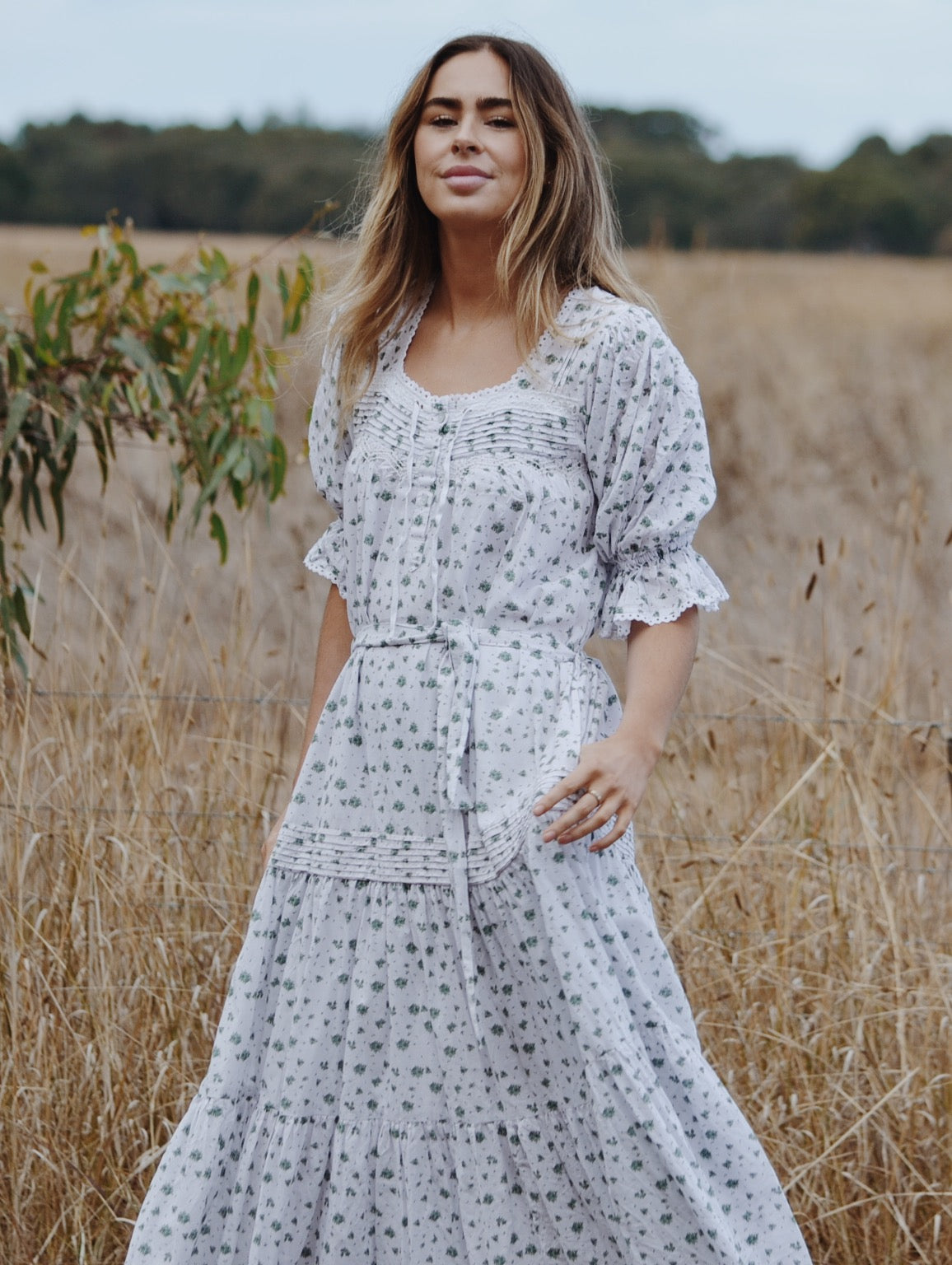 100% RECYCLED COTTON - MORNING SONG HAND SMOCKED TIERED DRESS - GREEN ROSE FLORAL