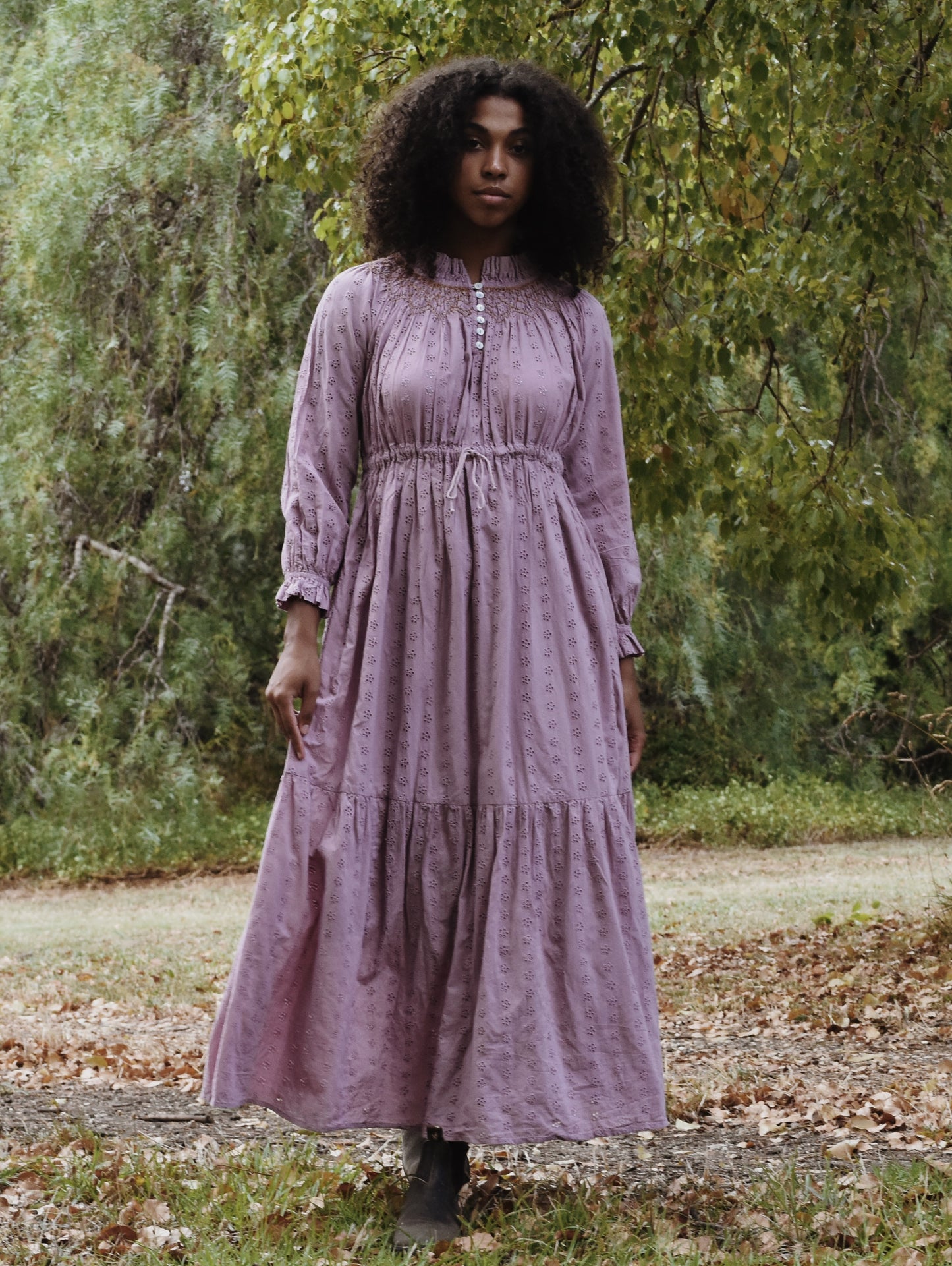 100% RECYCLED COTTON - PRAIRIE MAXI DRESS DUSTY LAVENDER LACE HAND SMOCKED
