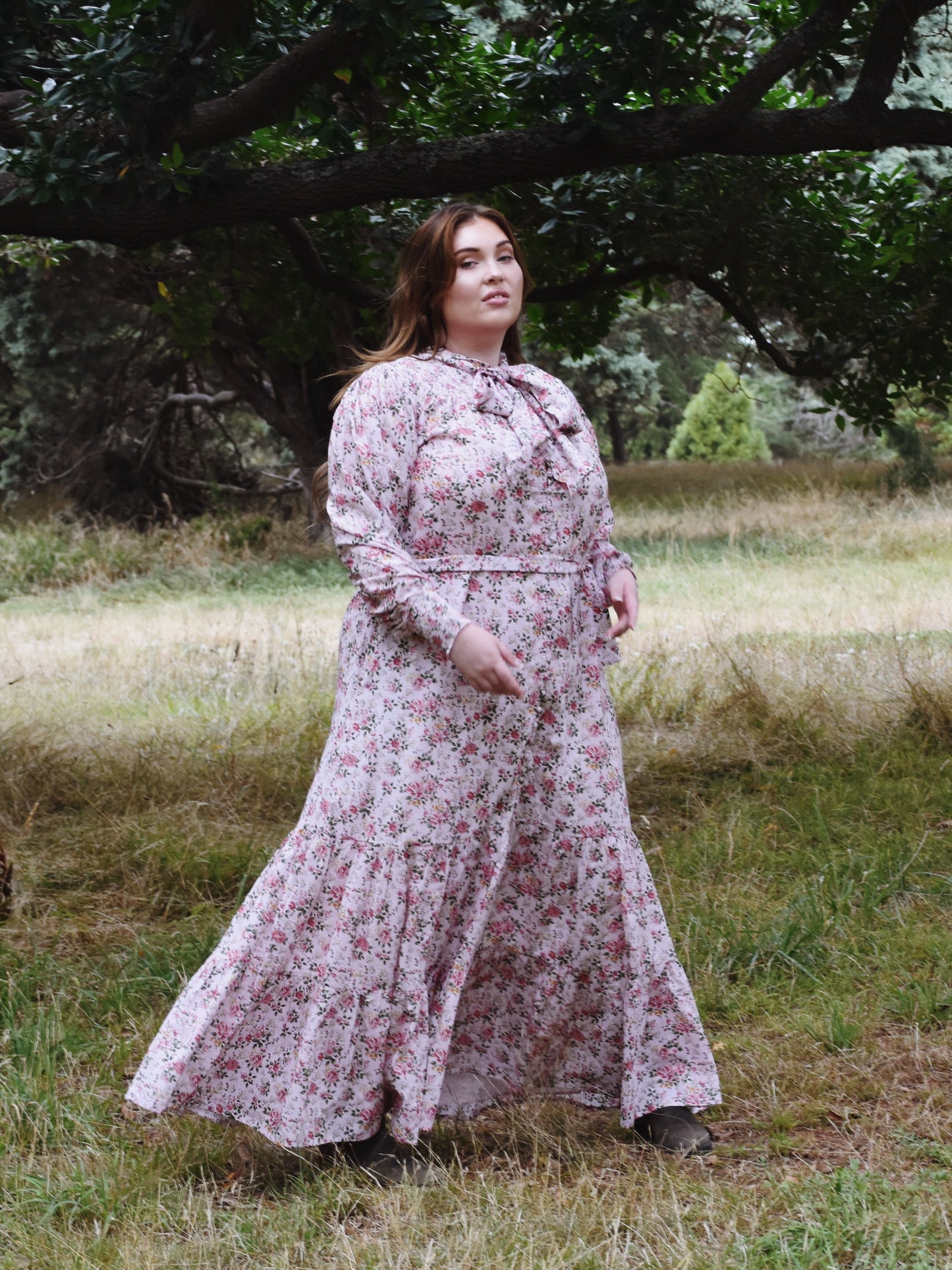 SECOND - 100% RECYCLED COTTON - FLEUR MAXI DRESS PUSSY BOW PINK ROSE