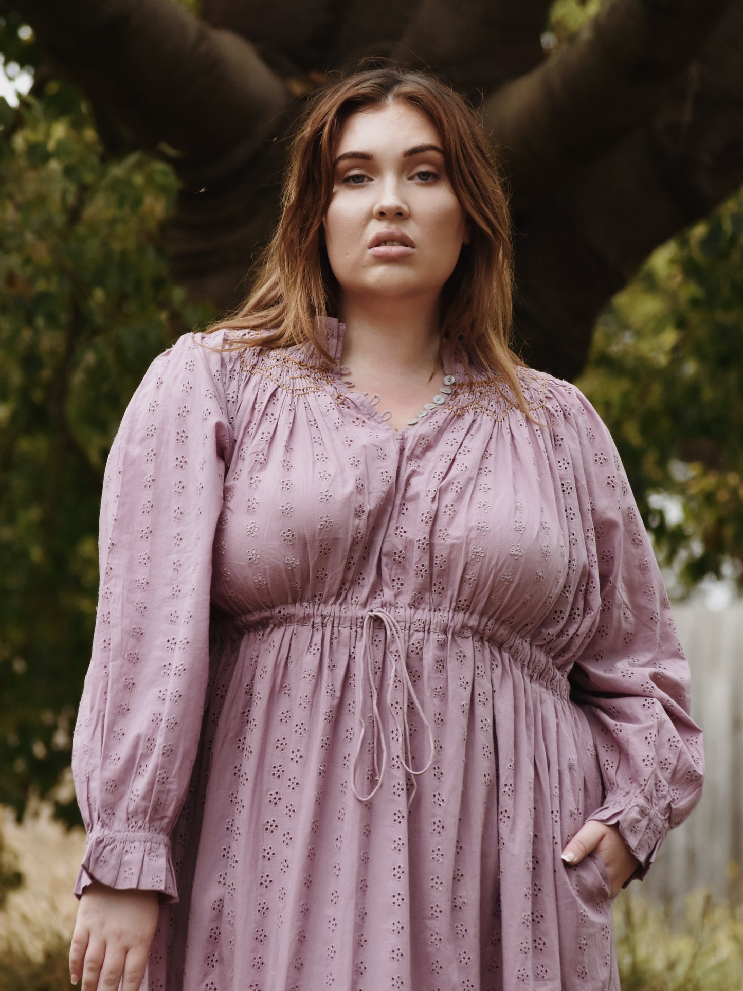 100% RECYCLED COTTON - PRAIRIE MAXI DRESS DUSTY LAVENDER LACE HAND SMOCKED