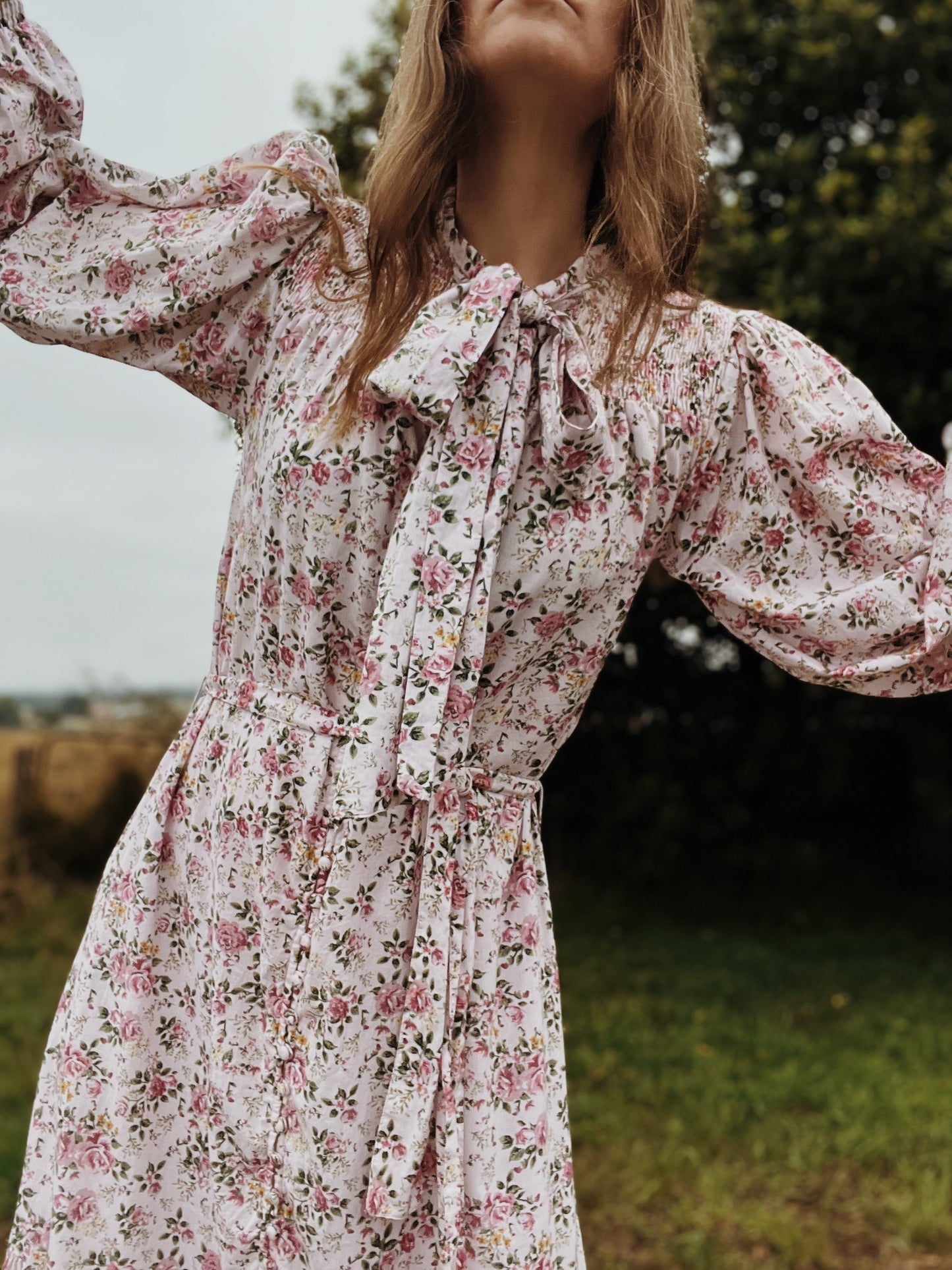SECOND - 100% RECYCLED COTTON - FLEUR MAXI DRESS PUSSY BOW PINK ROSE