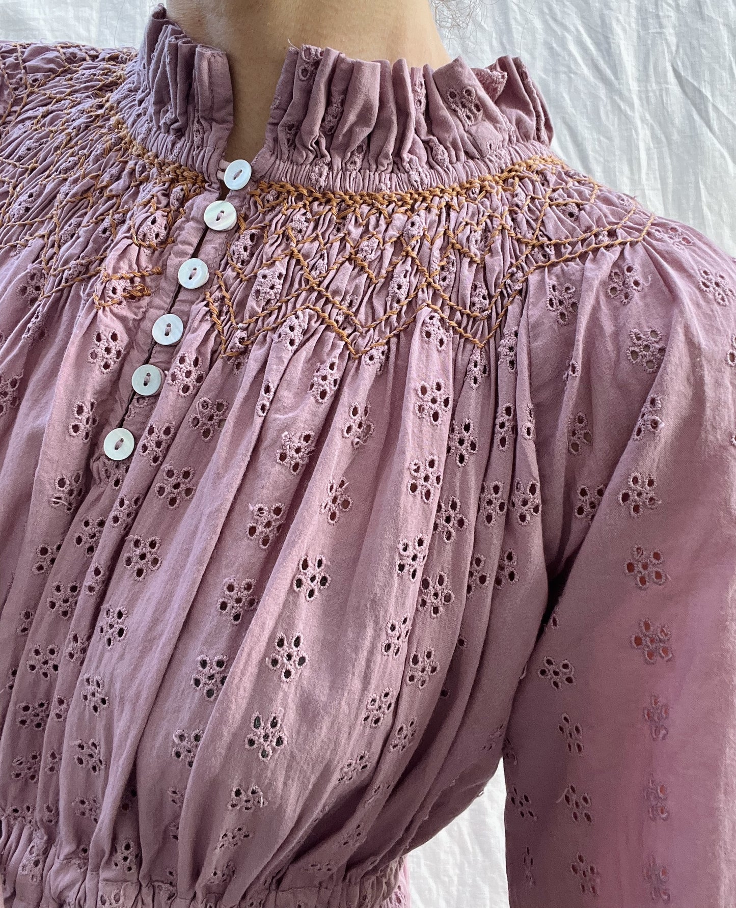100% RECYCLED COTTON - PRAIRIE MAXI DRESS DUSTY LAVENDER LACE HAND SMOCKED