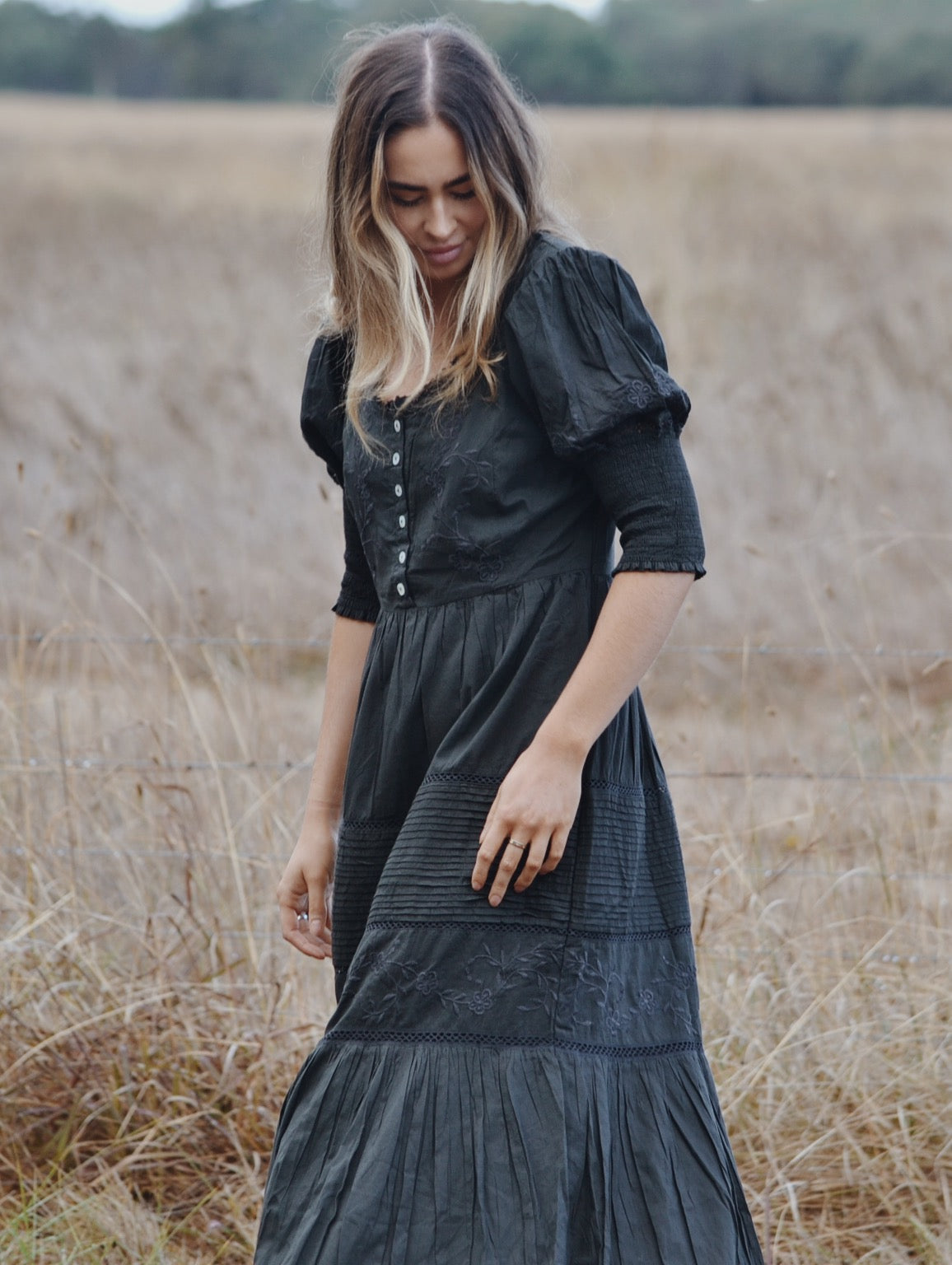 SECONDS - 100% RECYCLED COTTON - AUGUSTINE MAXI DRESS WASHED BLACK