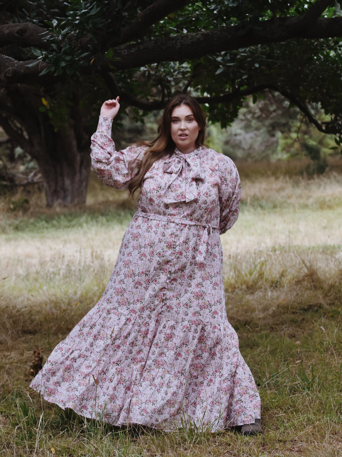 SECOND - 100% RECYCLED COTTON - FLEUR MAXI DRESS PUSSY BOW PINK ROSE