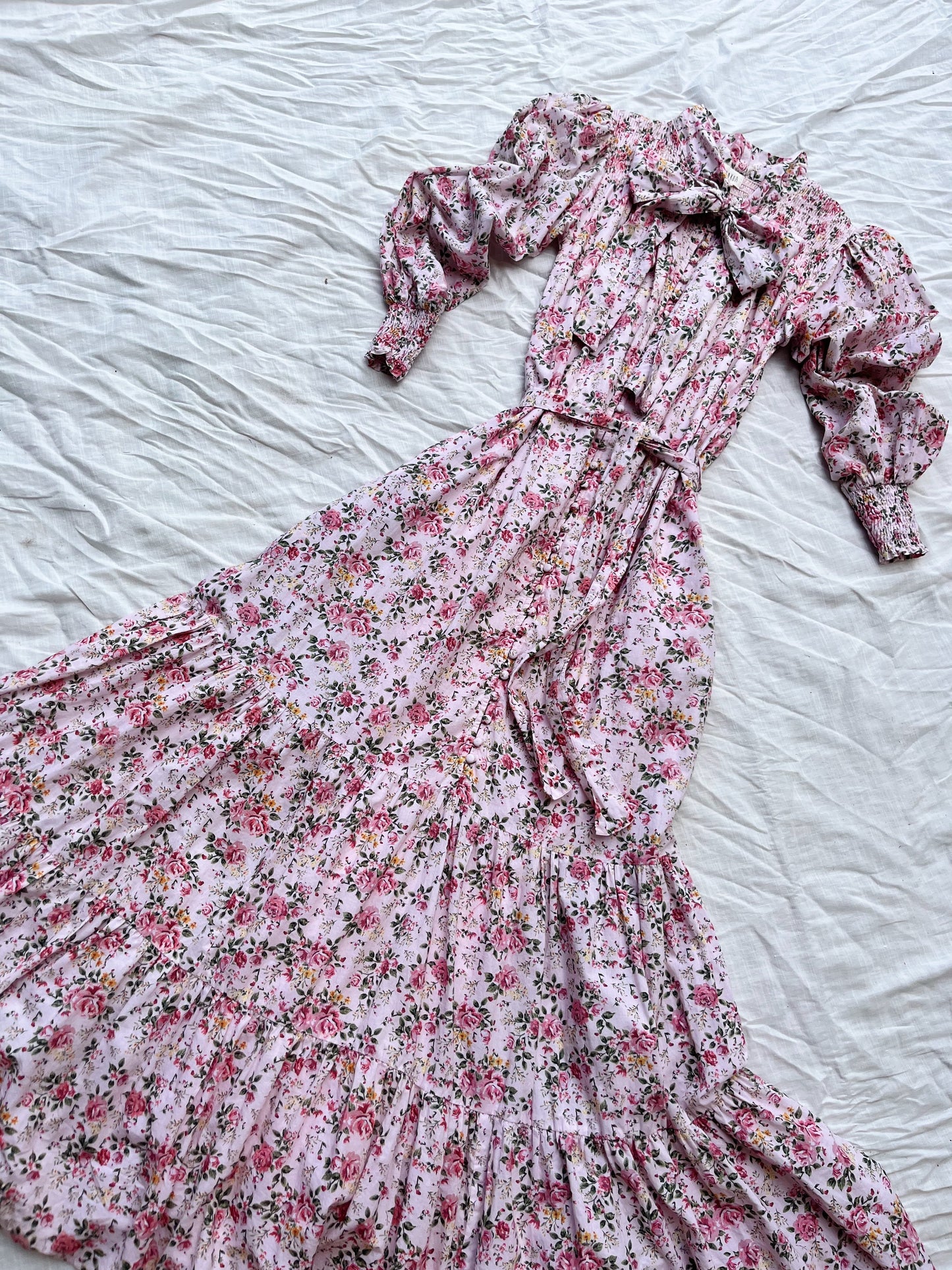 SECOND - 100% RECYCLED COTTON - FLEUR MAXI DRESS PUSSY BOW PINK ROSE