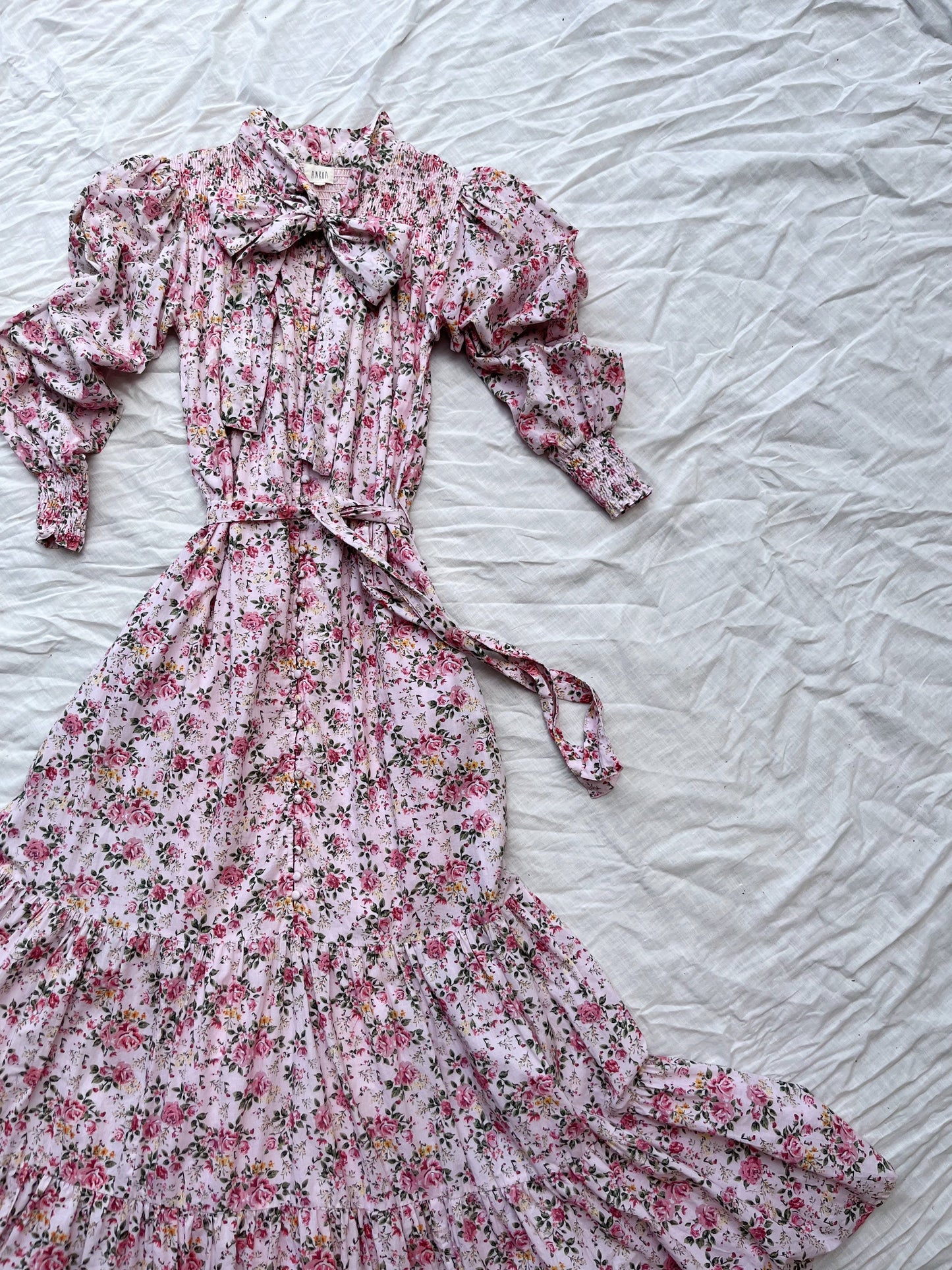 SECOND - 100% RECYCLED COTTON - FLEUR MAXI DRESS PUSSY BOW PINK ROSE