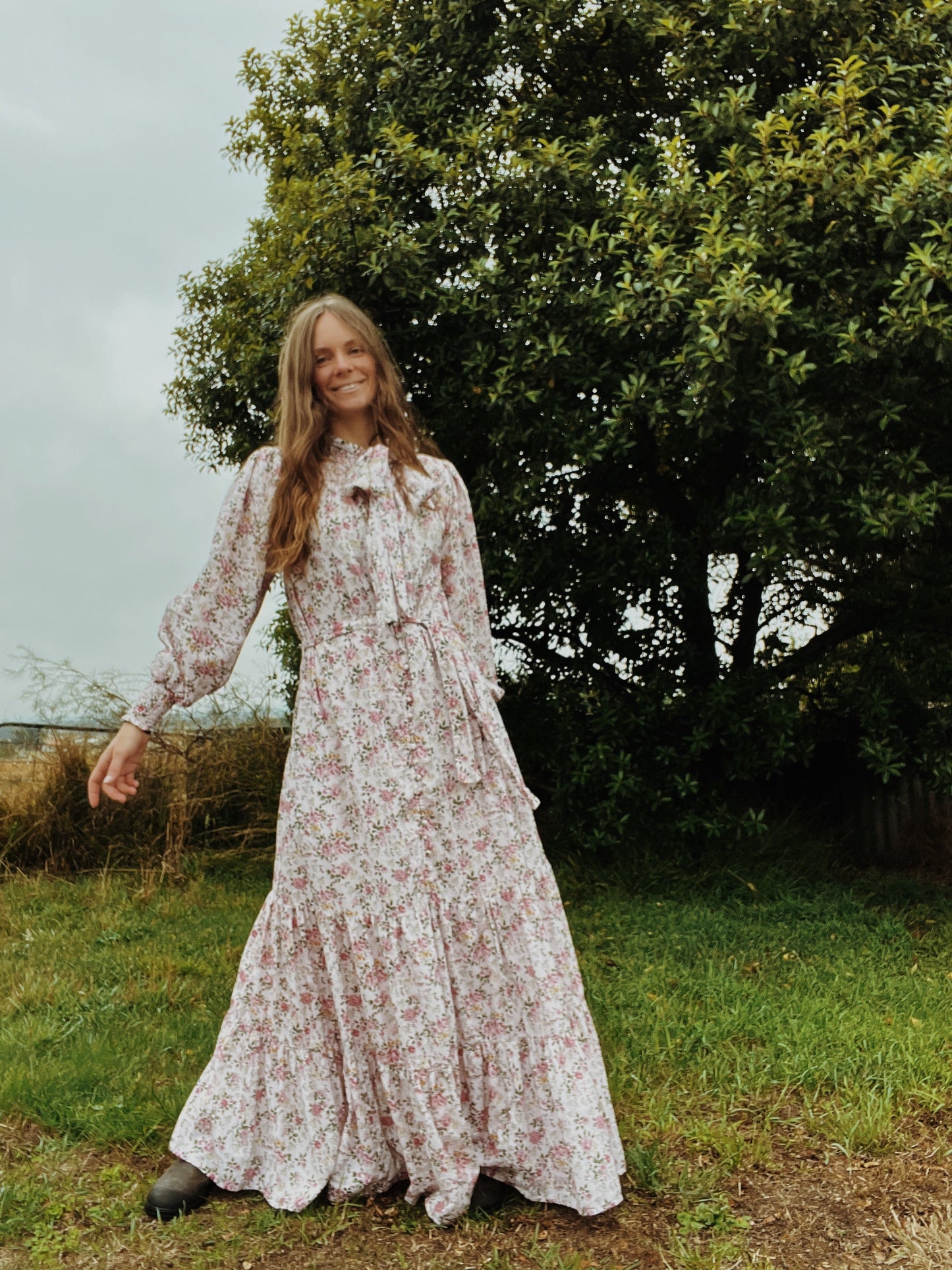 SECOND - 100% RECYCLED COTTON - FLEUR MAXI DRESS PUSSY BOW PINK ROSE