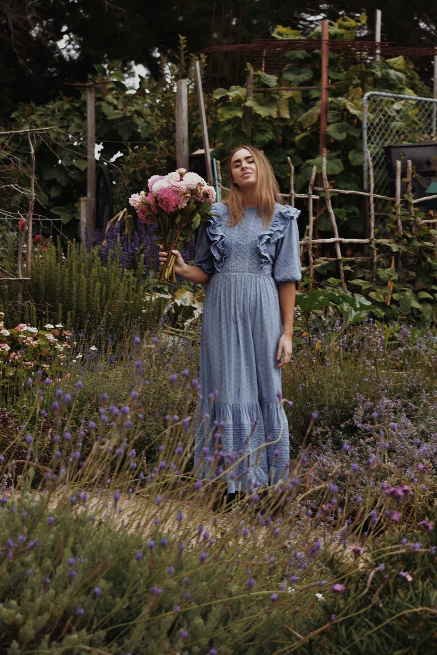 BRAMWELL DRESS DUSTY BLUE COTTON LACE