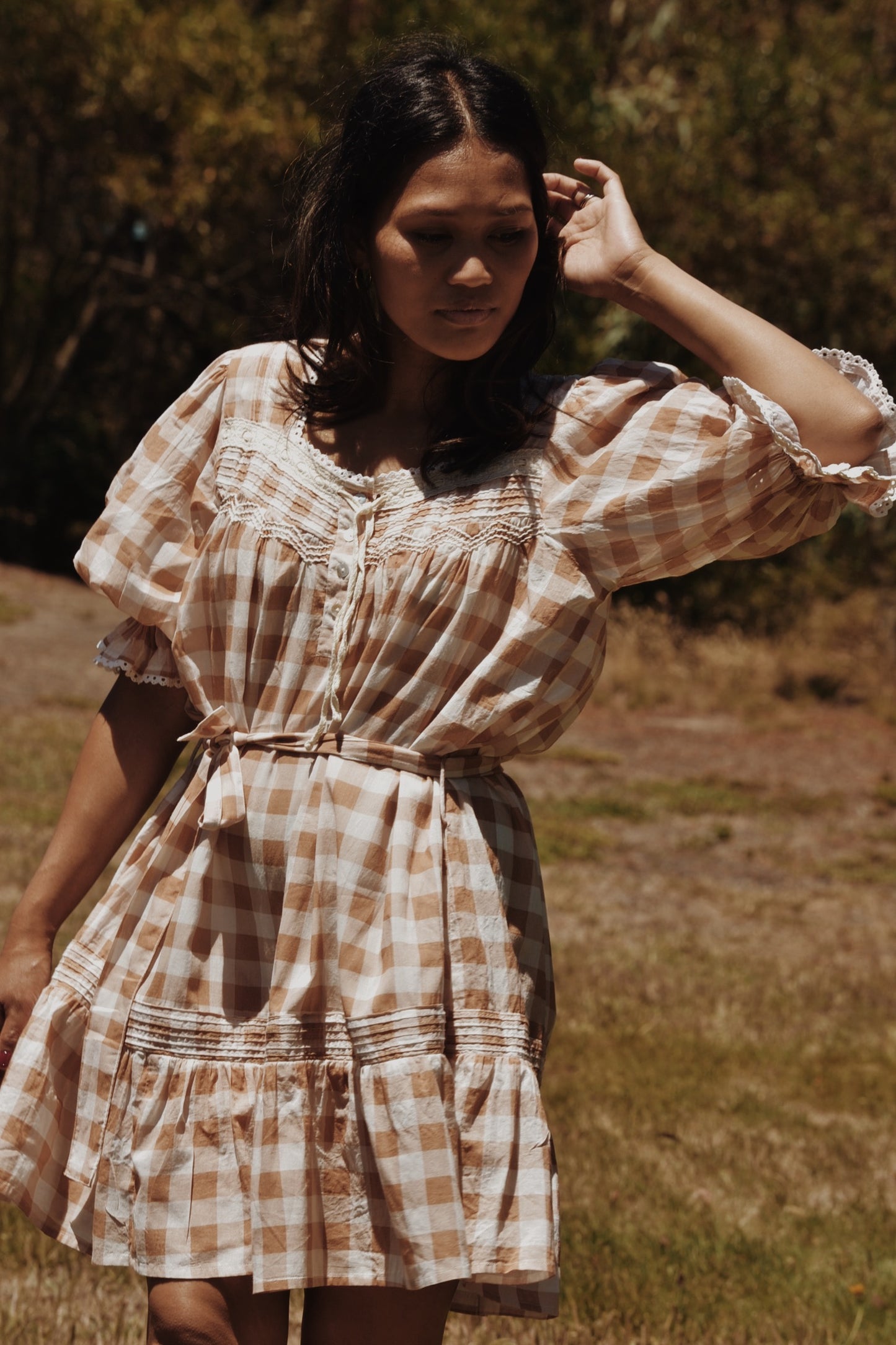 MORNING SONG HAND SMOCKED DRESS CAMEL GINGHAM