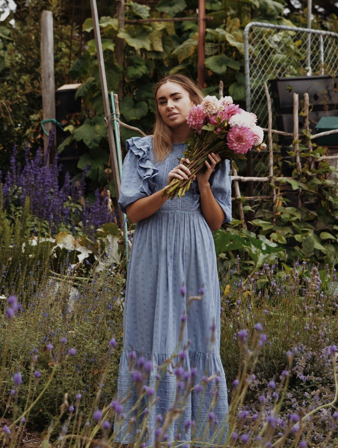BRAMWELL DRESS DUSTY BLUE COTTON LACE