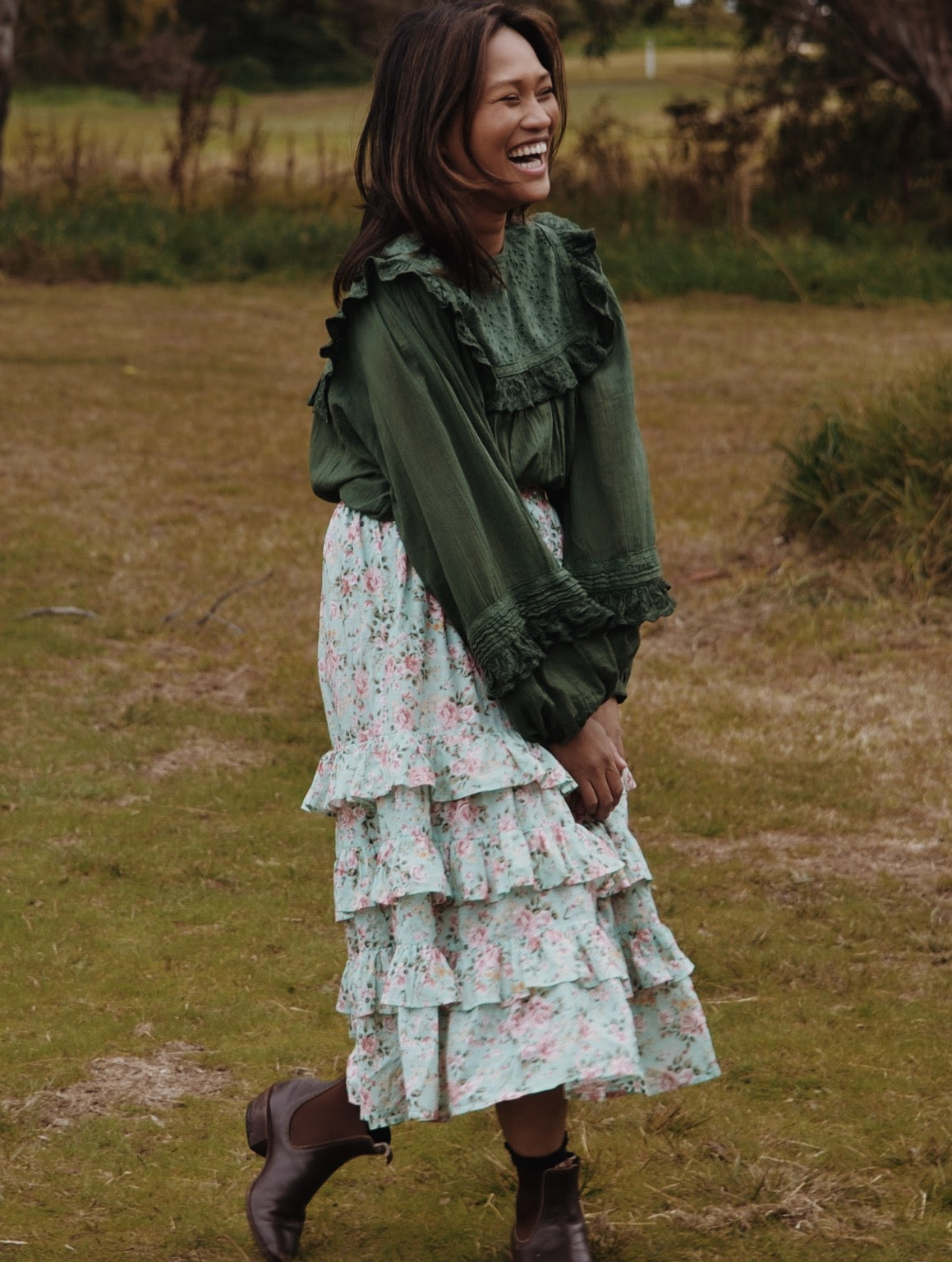 POSEY ROSE FLORAL SEA FOAM RUFFLE SKIRT