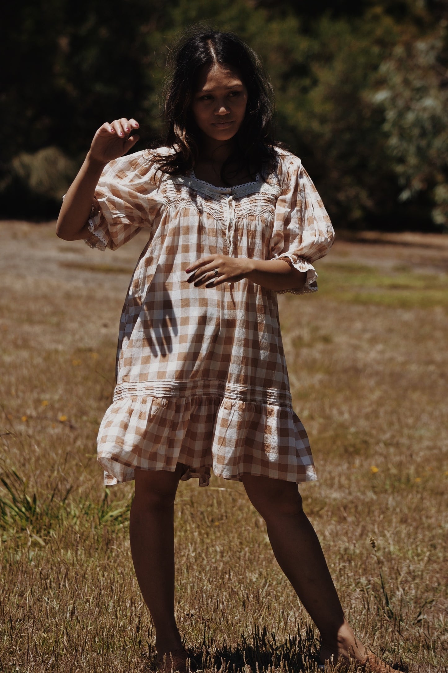 MORNING SONG HAND SMOCKED DRESS CAMEL GINGHAM