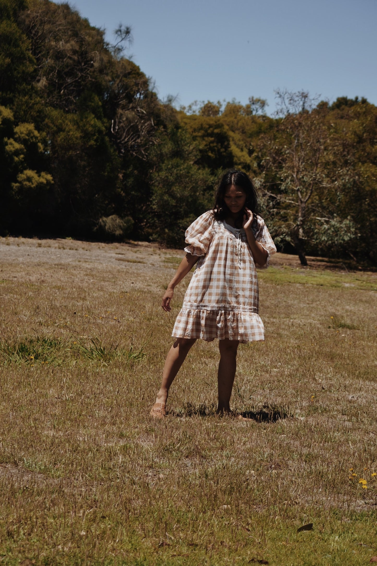 MORNING SONG HAND SMOCKED DRESS CAMEL GINGHAM