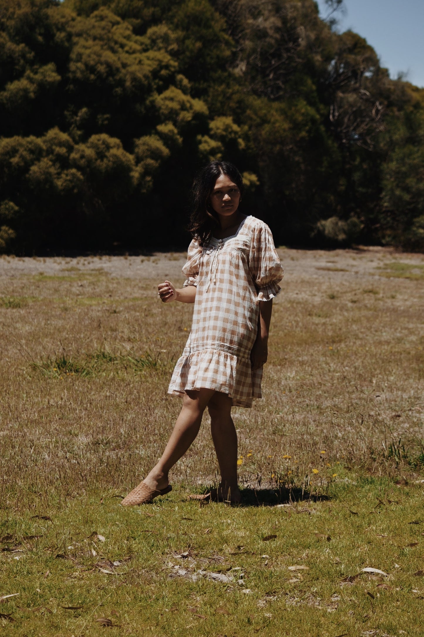 MORNING SONG HAND SMOCKED DRESS CAMEL GINGHAM