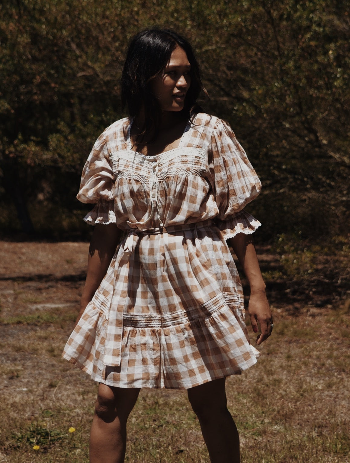 MORNING SONG HAND SMOCKED DRESS CAMEL GINGHAM