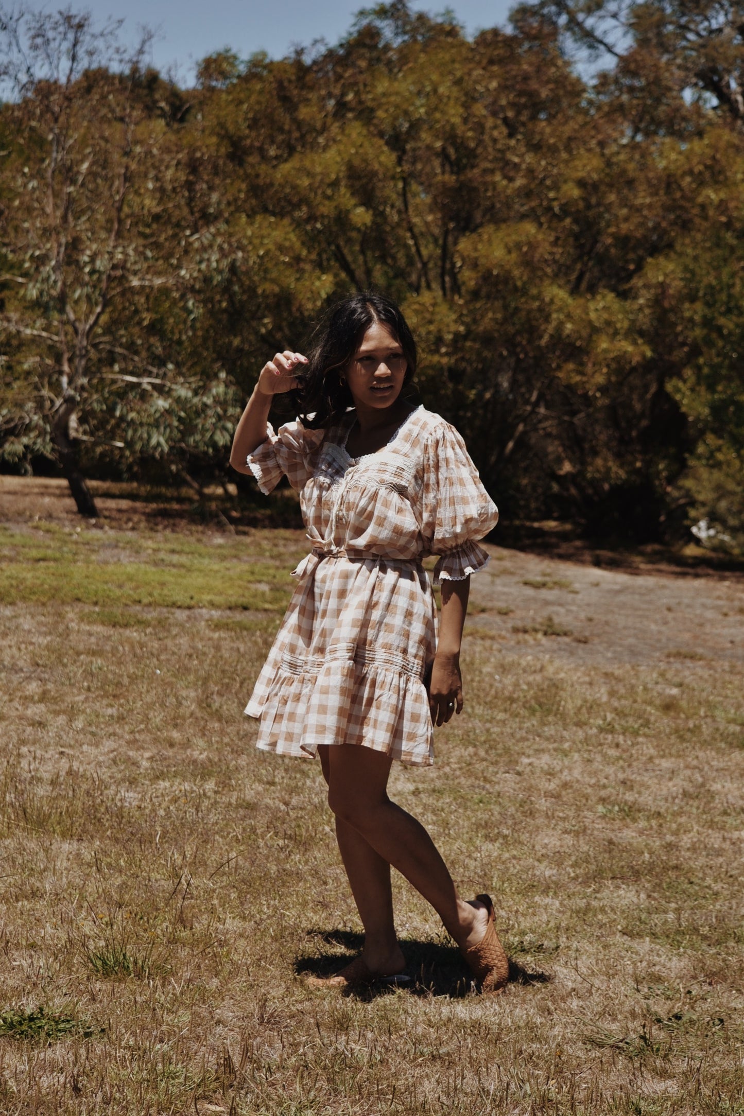 MORNING SONG HAND SMOCKED DRESS CAMEL GINGHAM