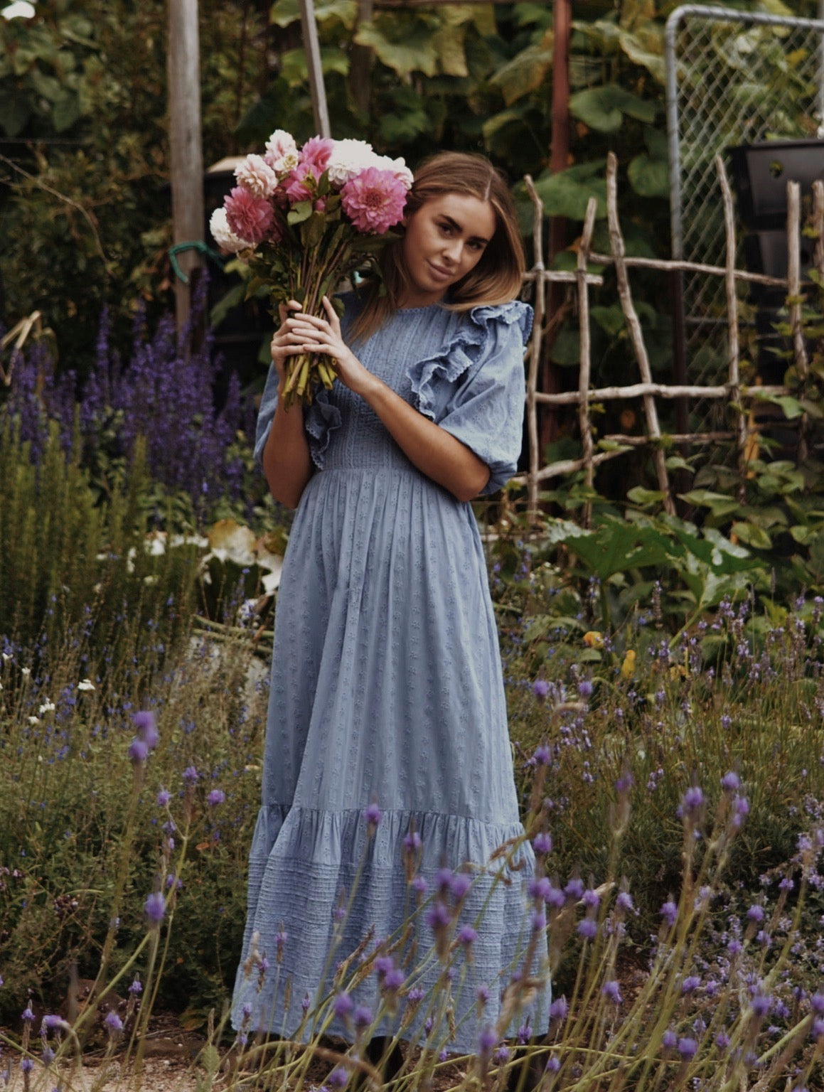 BRAMWELL DRESS DUSTY BLUE COTTON LACE