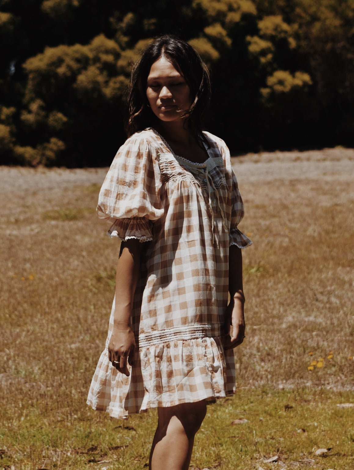 MORNING SONG HAND SMOCKED DRESS CAMEL GINGHAM