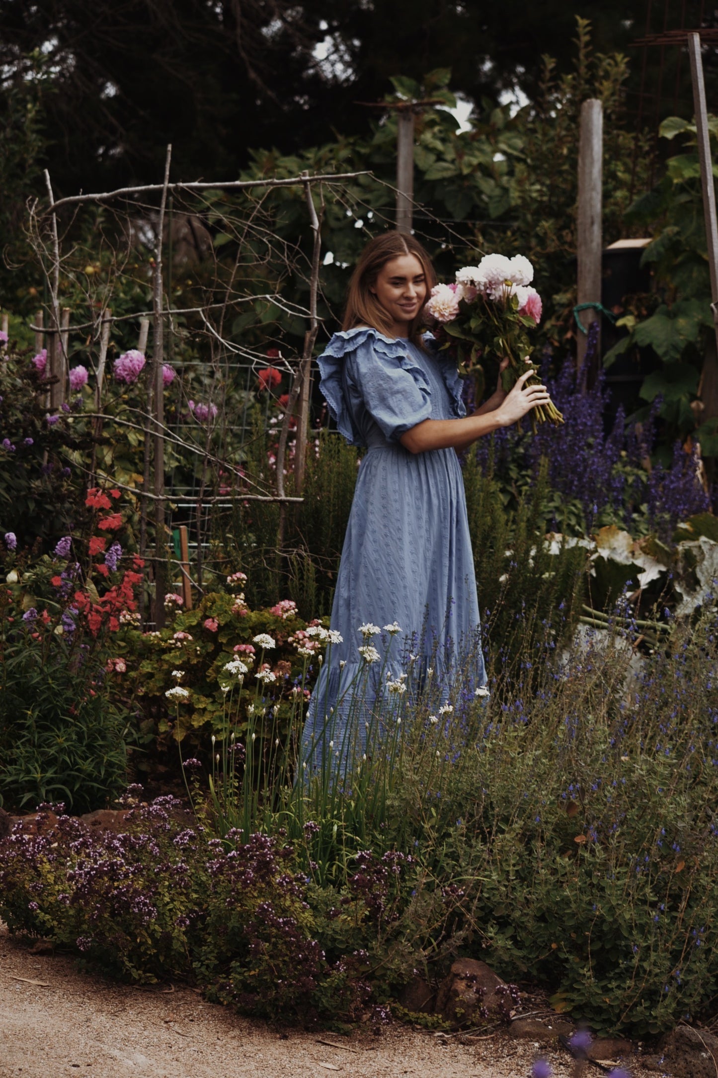 BRAMWELL DRESS DUSTY BLUE COTTON LACE