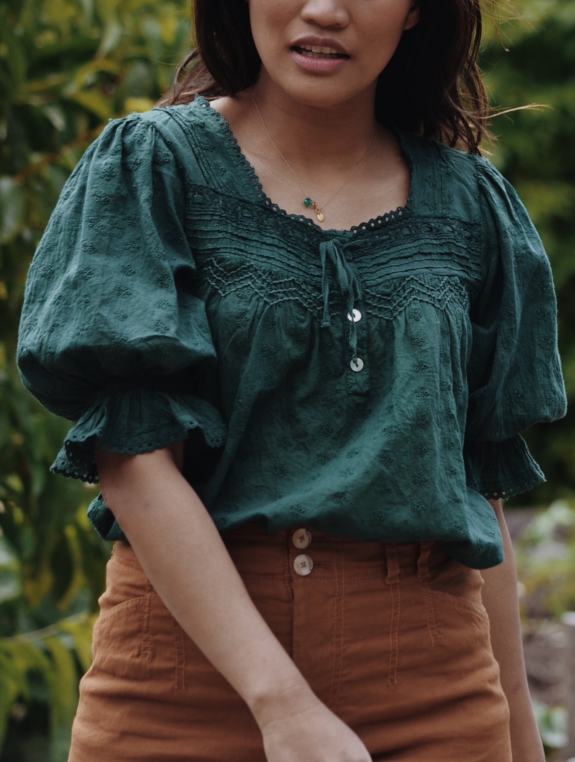 MORNING SONG HAND SMOCKED BLOUSE FOREST GREEN