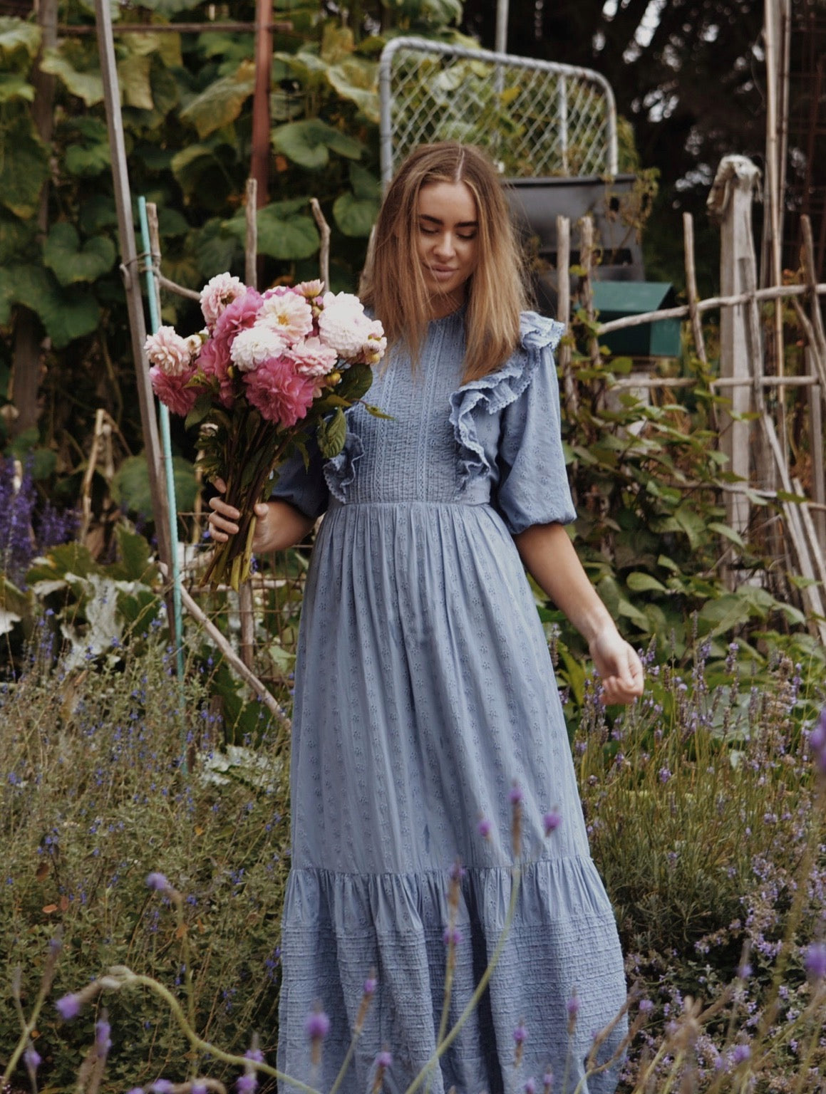BRAMWELL DRESS DUSTY BLUE COTTON LACE