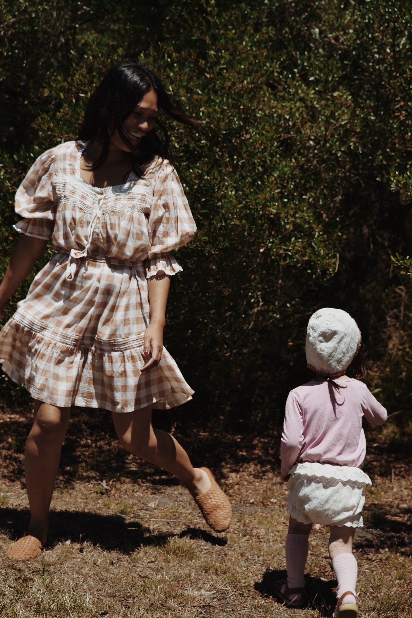 MORNING SONG HAND SMOCKED DRESS CAMEL GINGHAM