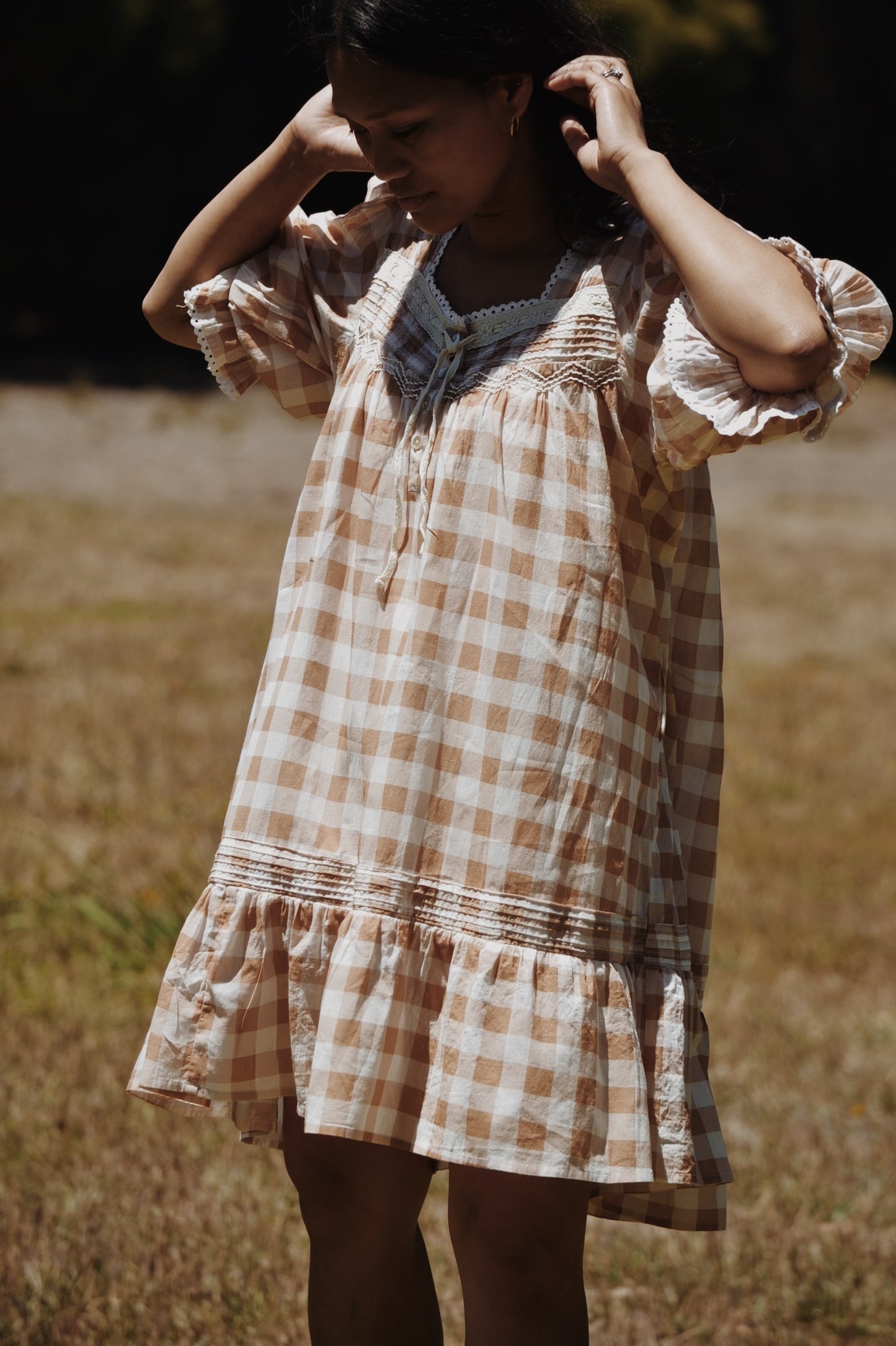 MORNING SONG HAND SMOCKED DRESS CAMEL GINGHAM