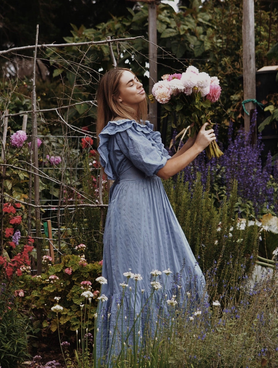 BRAMWELL DRESS DUSTY BLUE COTTON LACE