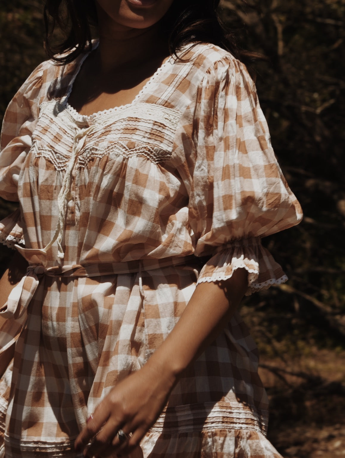 MORNING SONG HAND SMOCKED DRESS CAMEL GINGHAM