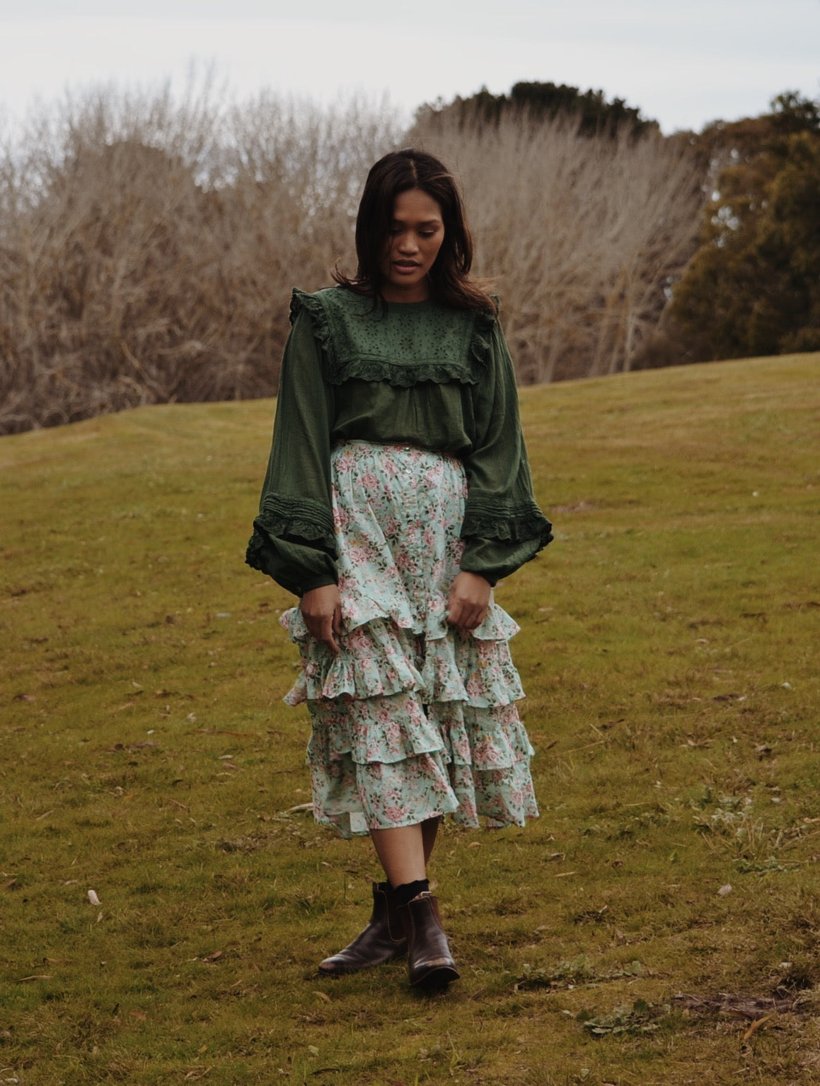 POSEY ROSE FLORAL SEA FOAM RUFFLE SKIRT