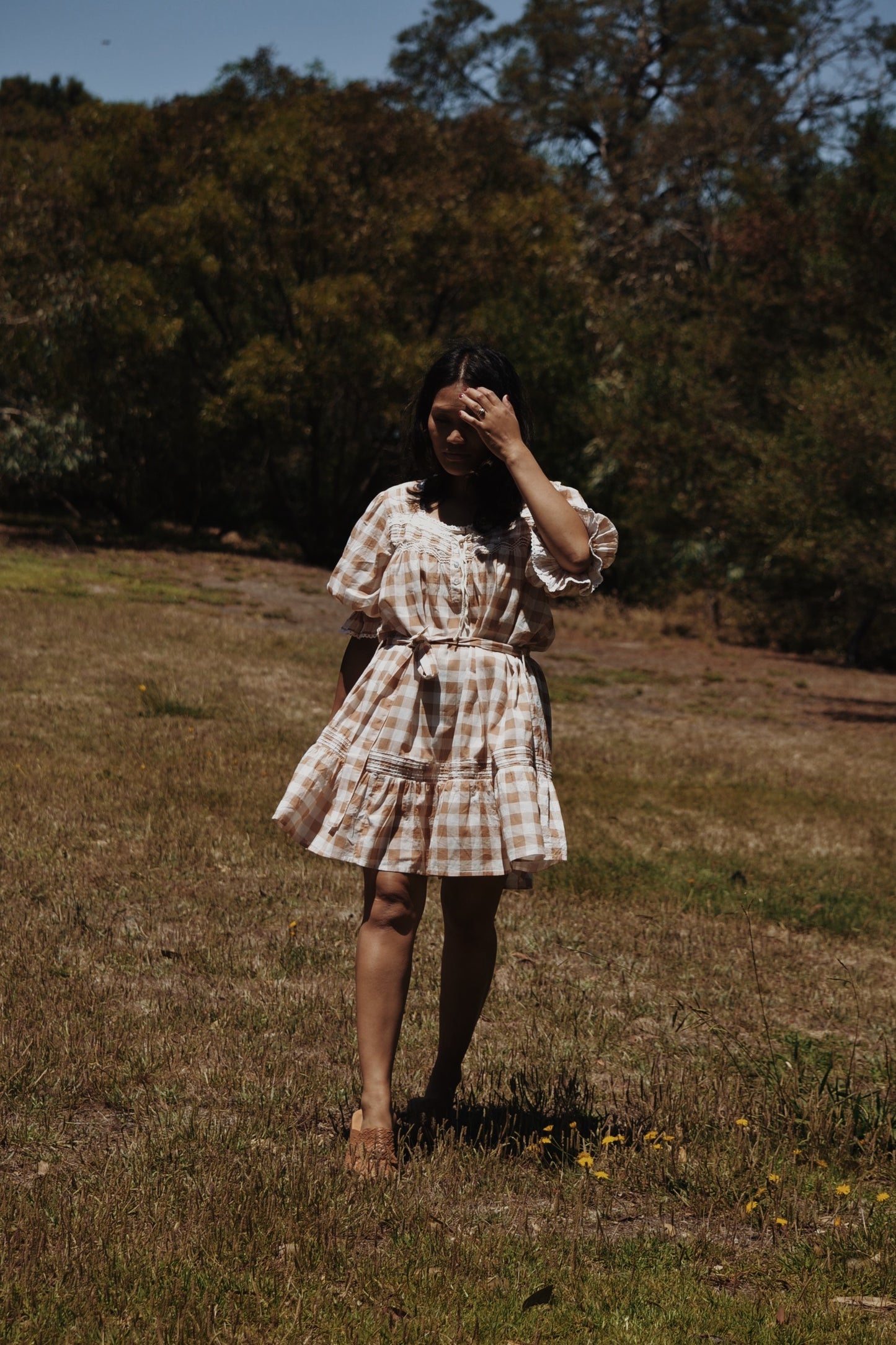 MORNING SONG HAND SMOCKED DRESS CAMEL GINGHAM