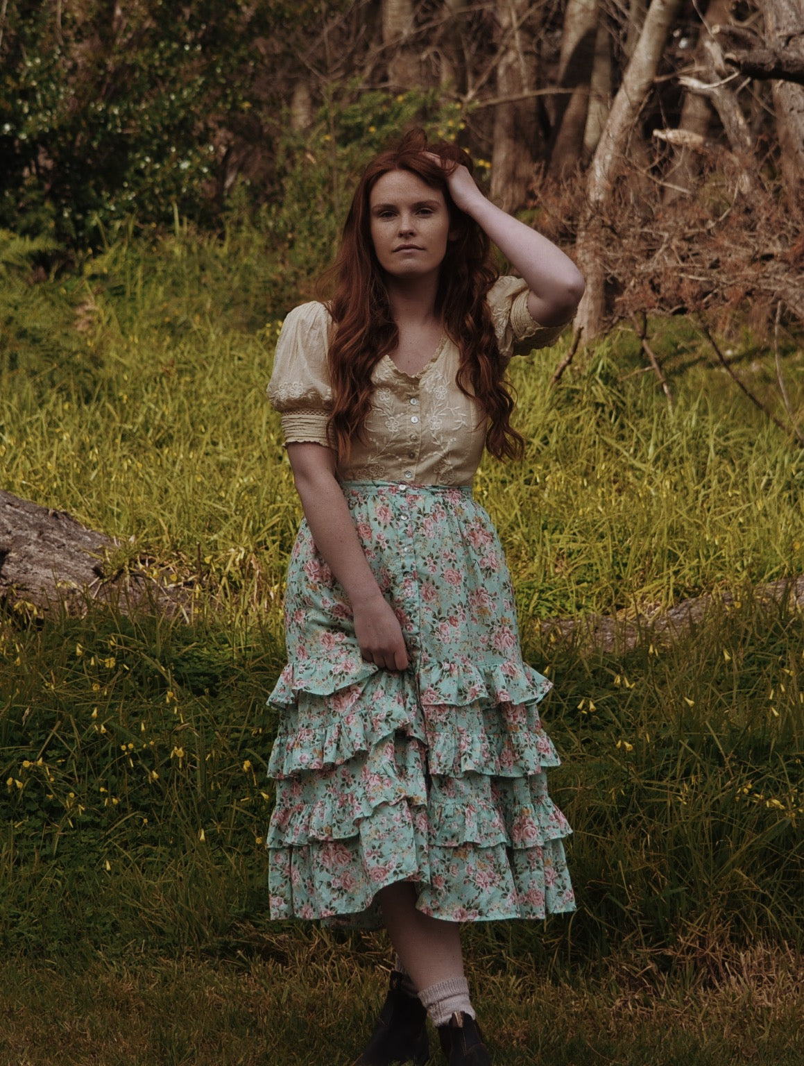 POSEY ROSE FLORAL SEA FOAM RUFFLE SKIRT