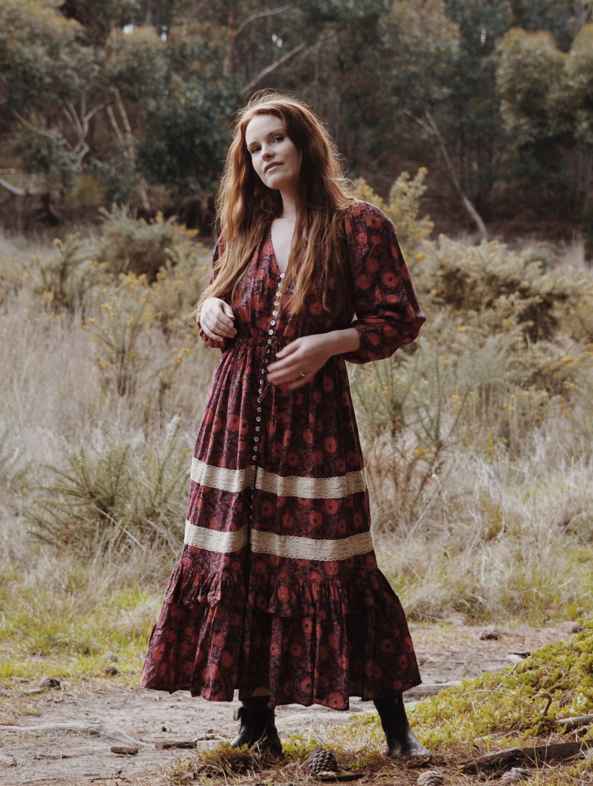 MAÈLI FRILL MIDI DRESS HAND BLOCK PLUM FLORAL