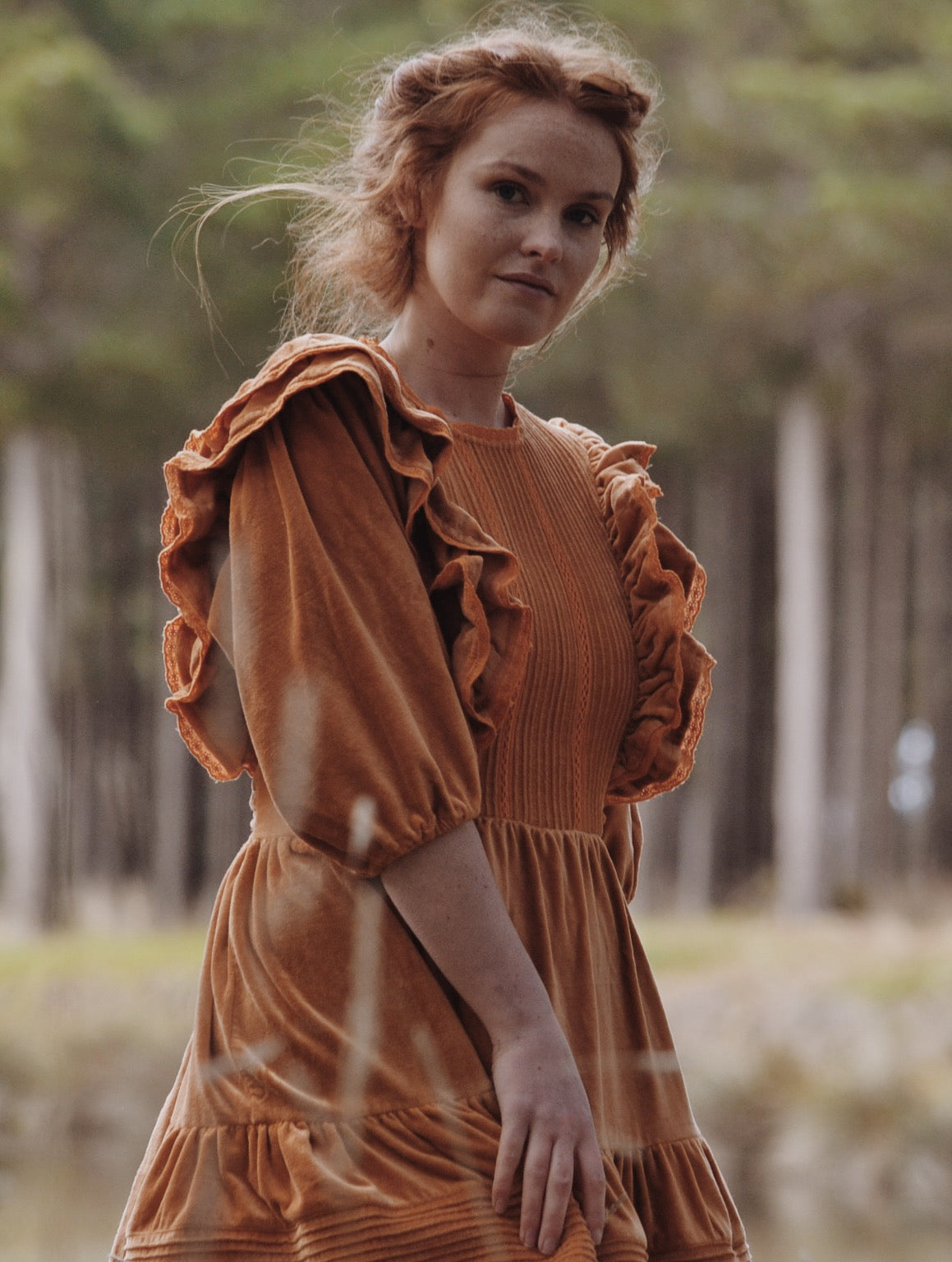 CLEMENTINE DRESS BURNT ORANGE VELVETEEN
