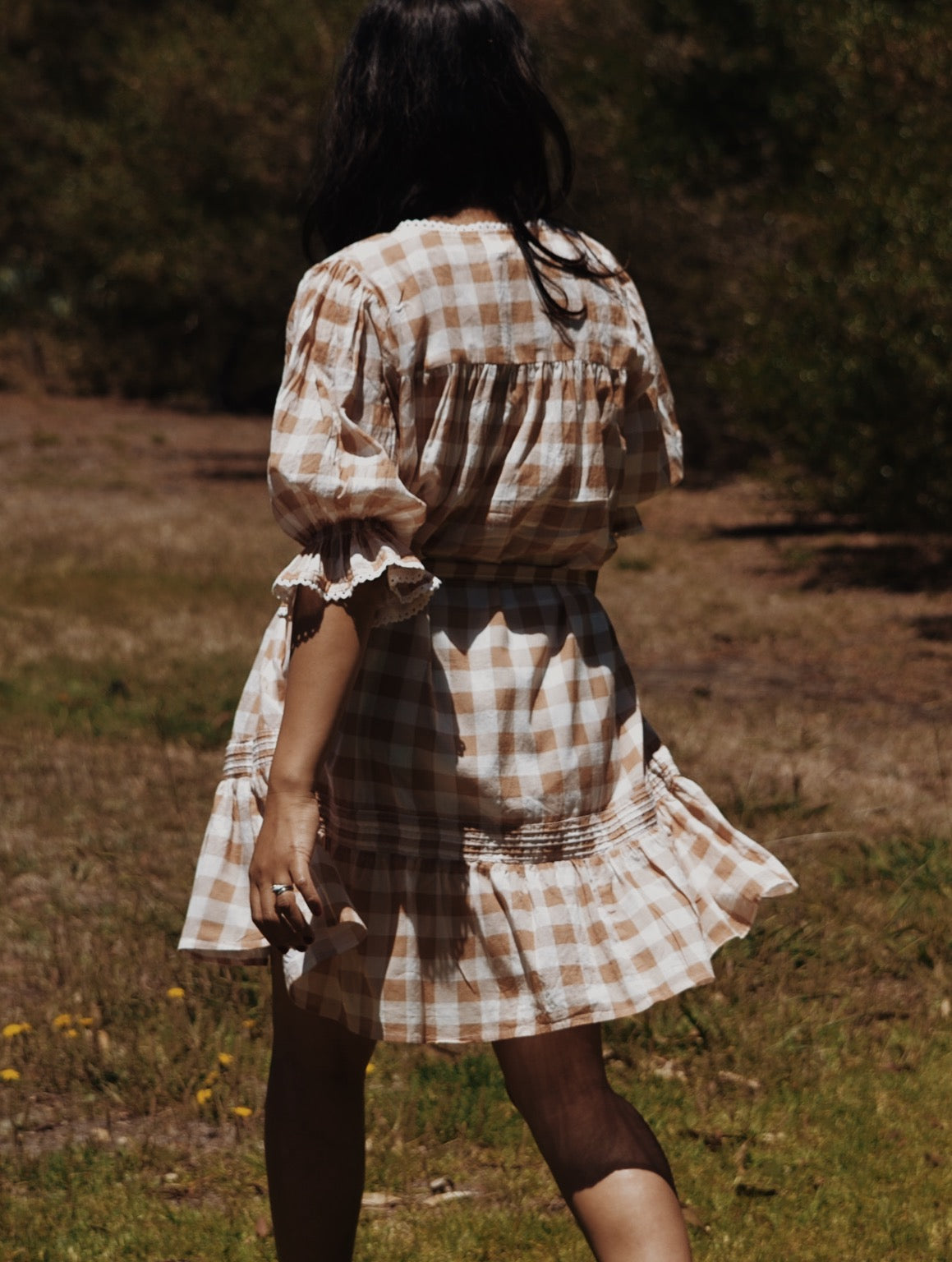 MORNING SONG HAND SMOCKED DRESS CAMEL GINGHAM