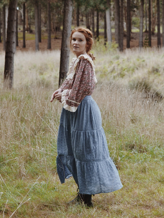 KATERINA SKIRT DUSTY BLUE COTTON LACE