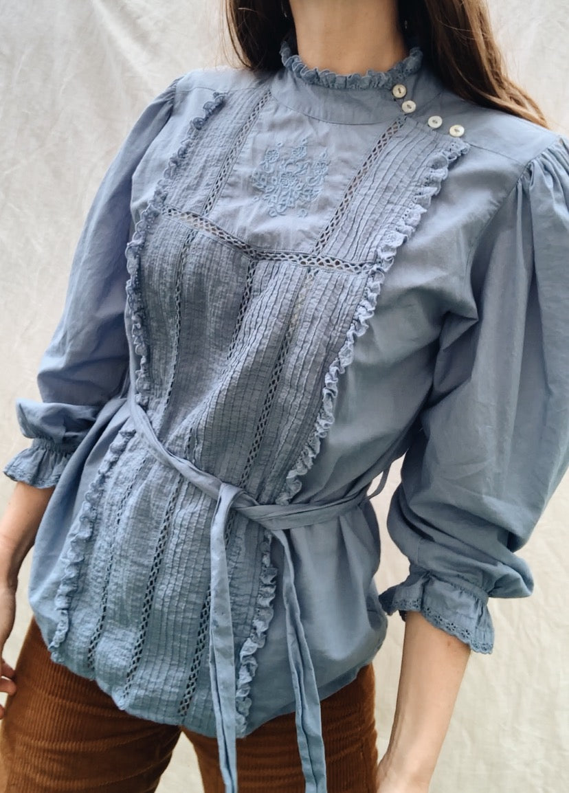 100% RECYCLED COTTON - PAULINA DUSTY BLUE COTTON BLOUSE