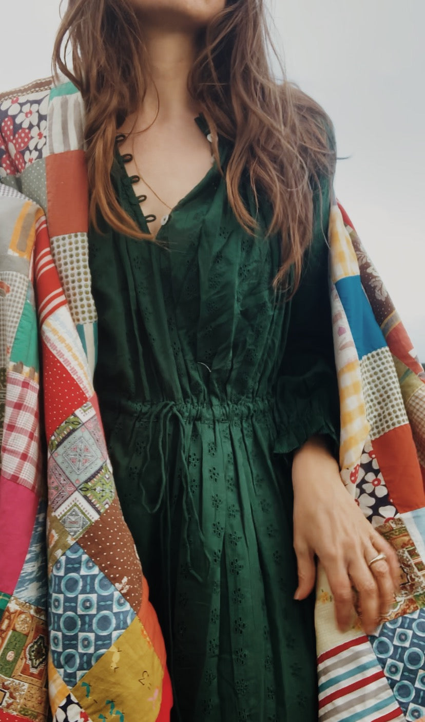 SAMPLE - 100% RECYCLED COTTON - PRAIRIE MAXI DRESS FOREST GREEN LACE