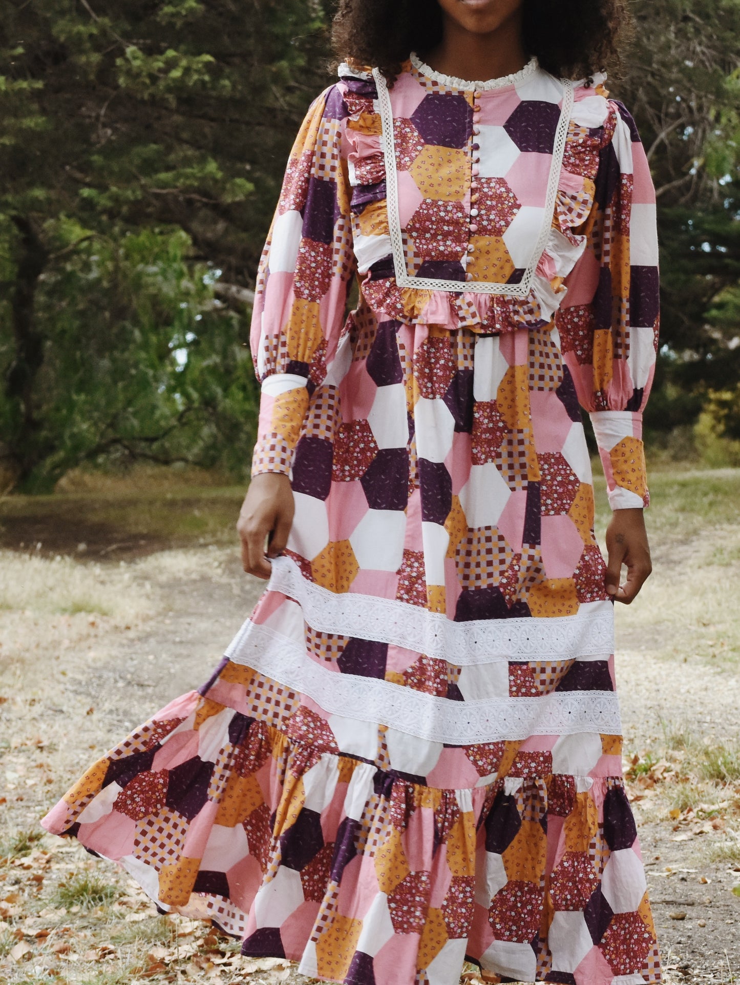 100% RECYCLED COTTON - CLARA DRESS HEXIE PATCHWORK PRINT