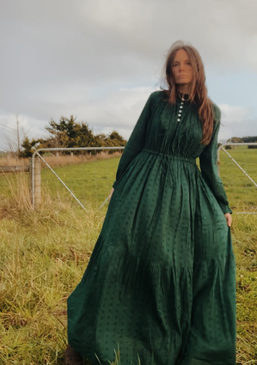 SAMPLE - 100% RECYCLED COTTON - PRAIRIE MAXI DRESS FOREST GREEN LACE