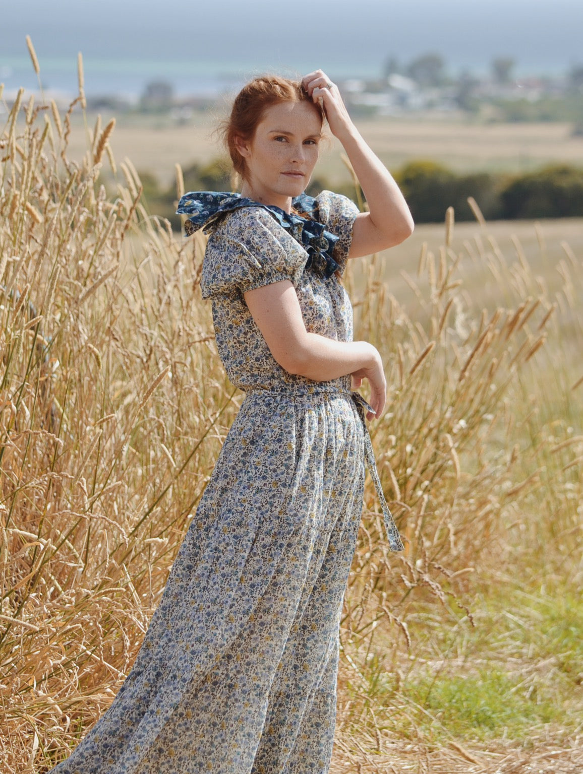 100% RECYCLED COTTON - PIERROT MAXI DRESS BLUE AND YELLOW FLORAL