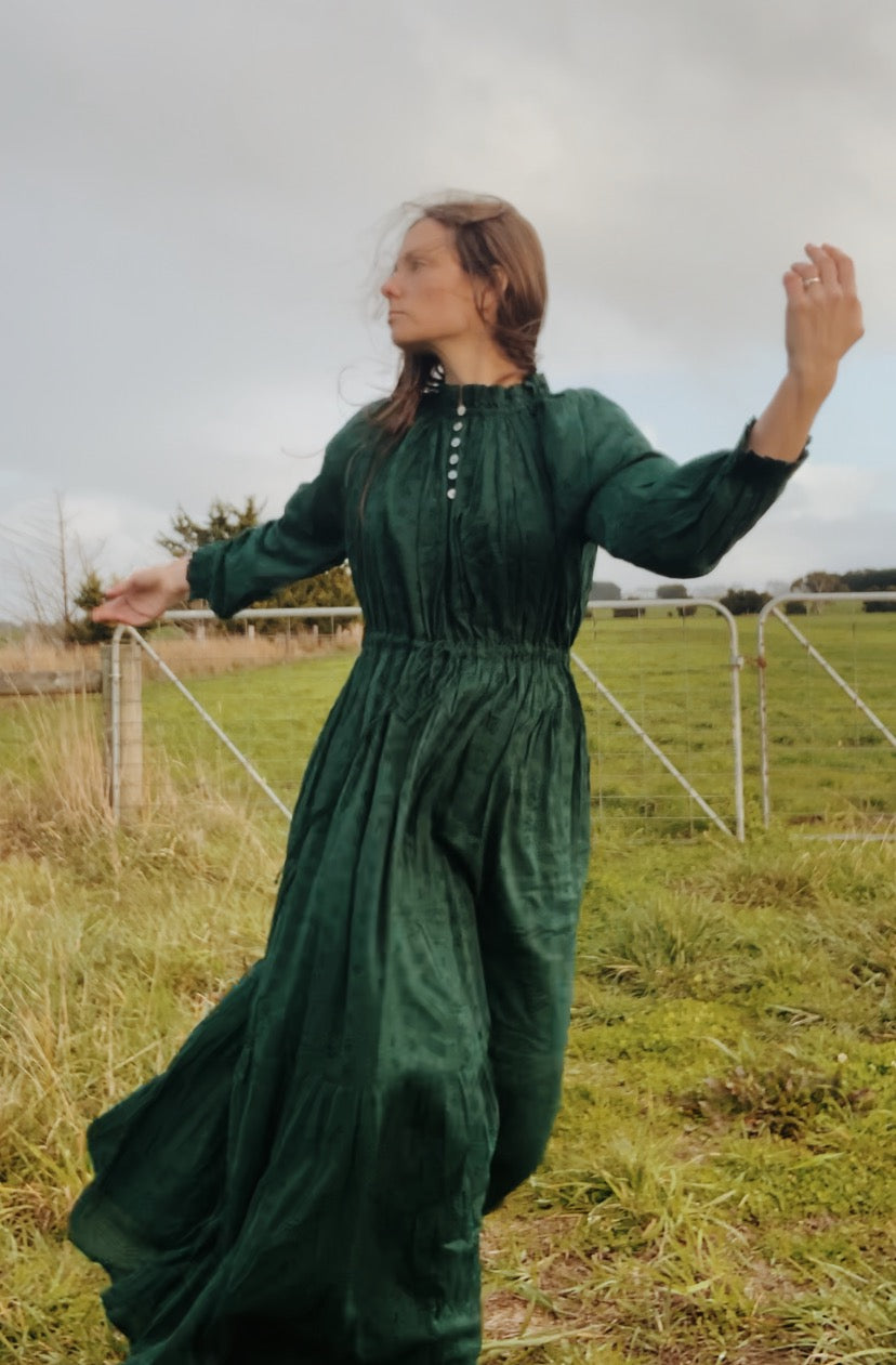 SAMPLE - 100% RECYCLED COTTON - PRAIRIE MAXI DRESS FOREST GREEN LACE