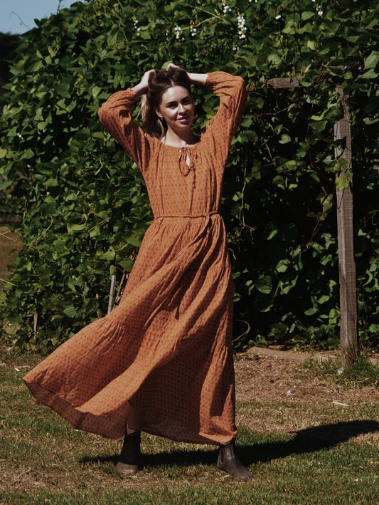 PRU MAXI DRESS OCHRE STAMP PRINT