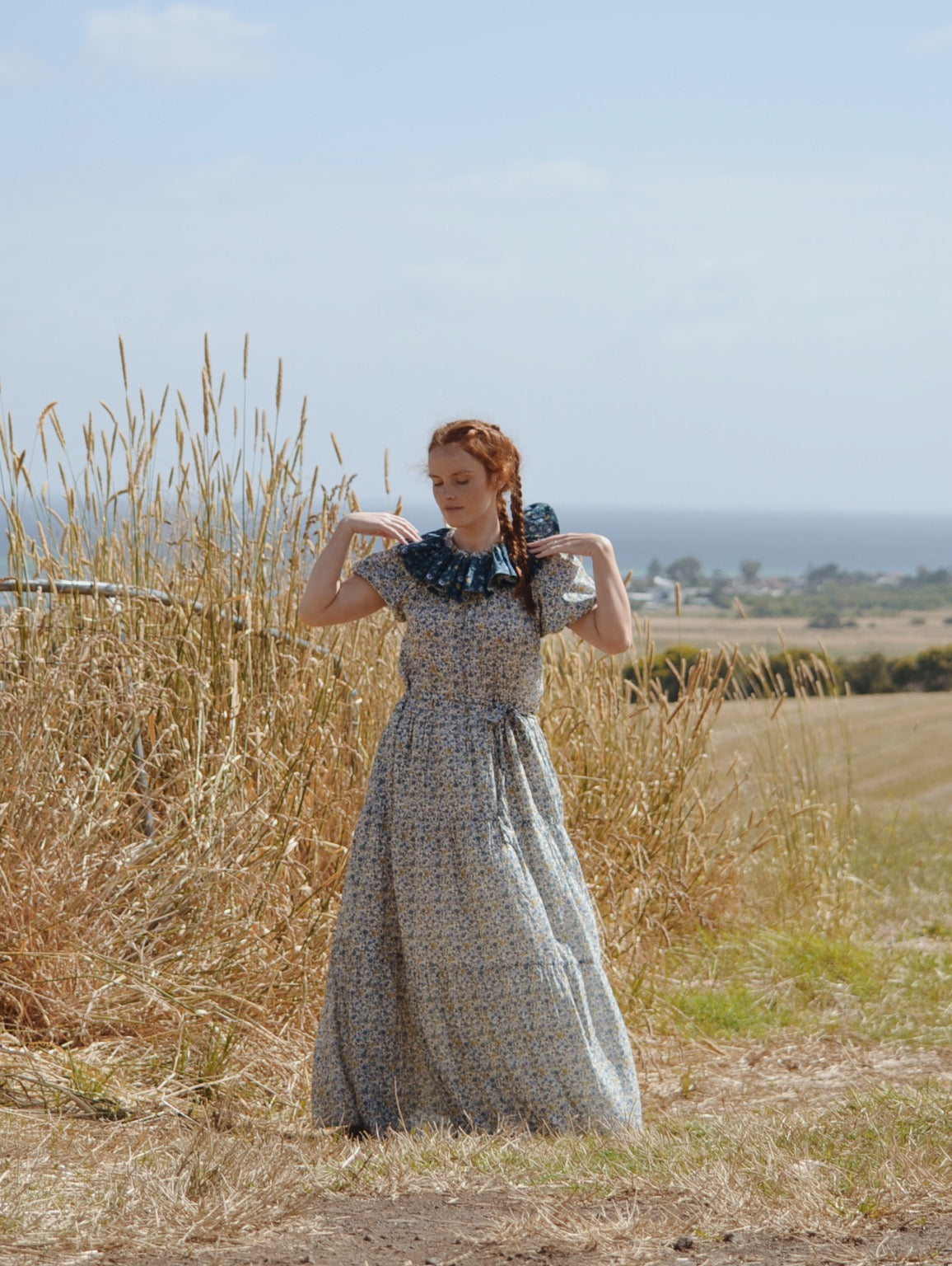 100% RECYCLED COTTON - PIERROT MAXI DRESS BLUE AND YELLOW FLORAL