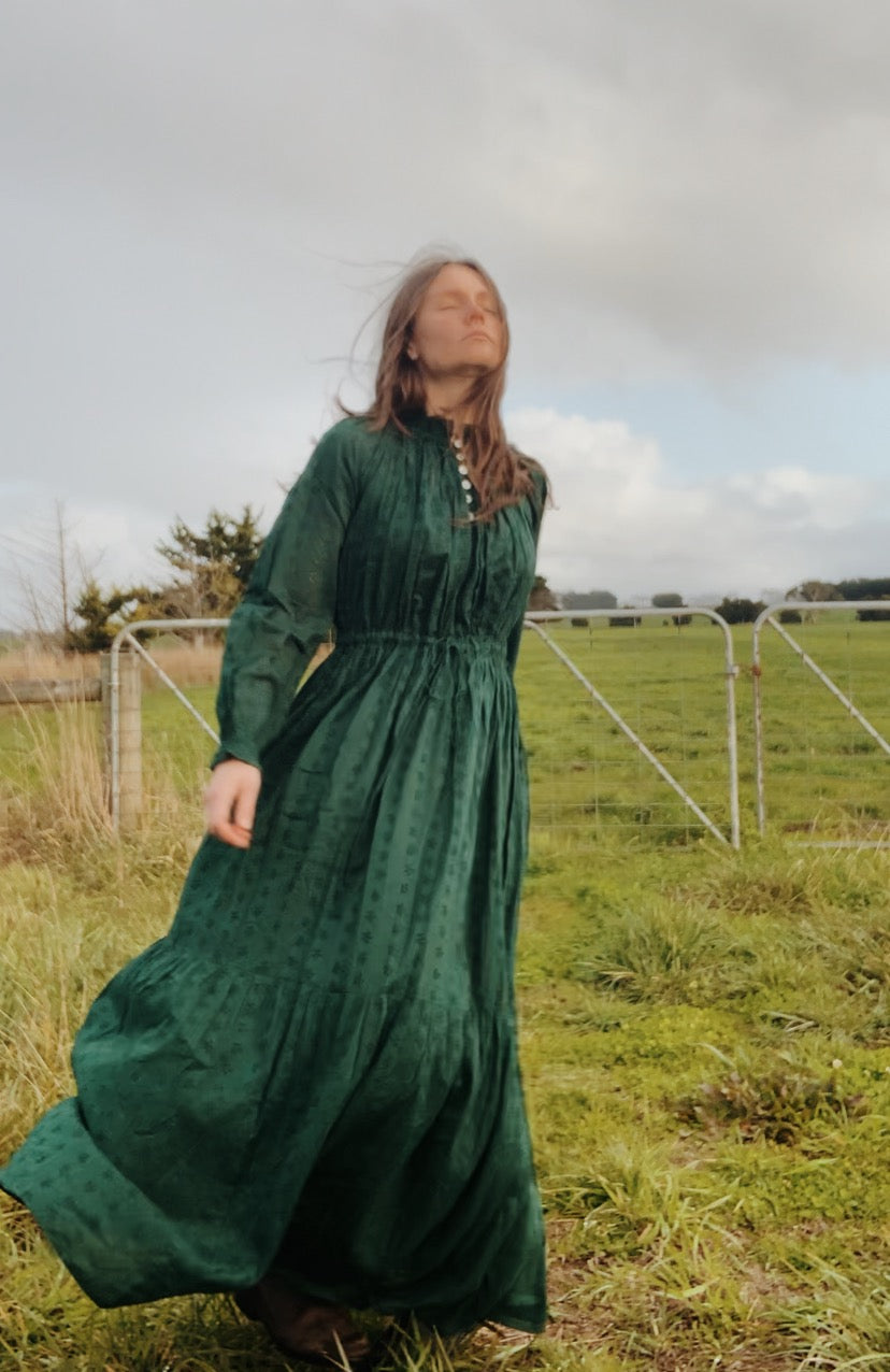 SAMPLE - 100% RECYCLED COTTON - PRAIRIE MAXI DRESS FOREST GREEN LACE