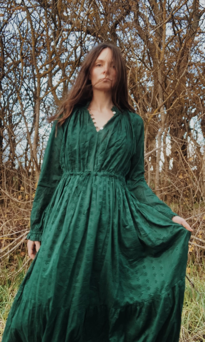 SAMPLE - 100% RECYCLED COTTON - PRAIRIE MAXI DRESS FOREST GREEN LACE