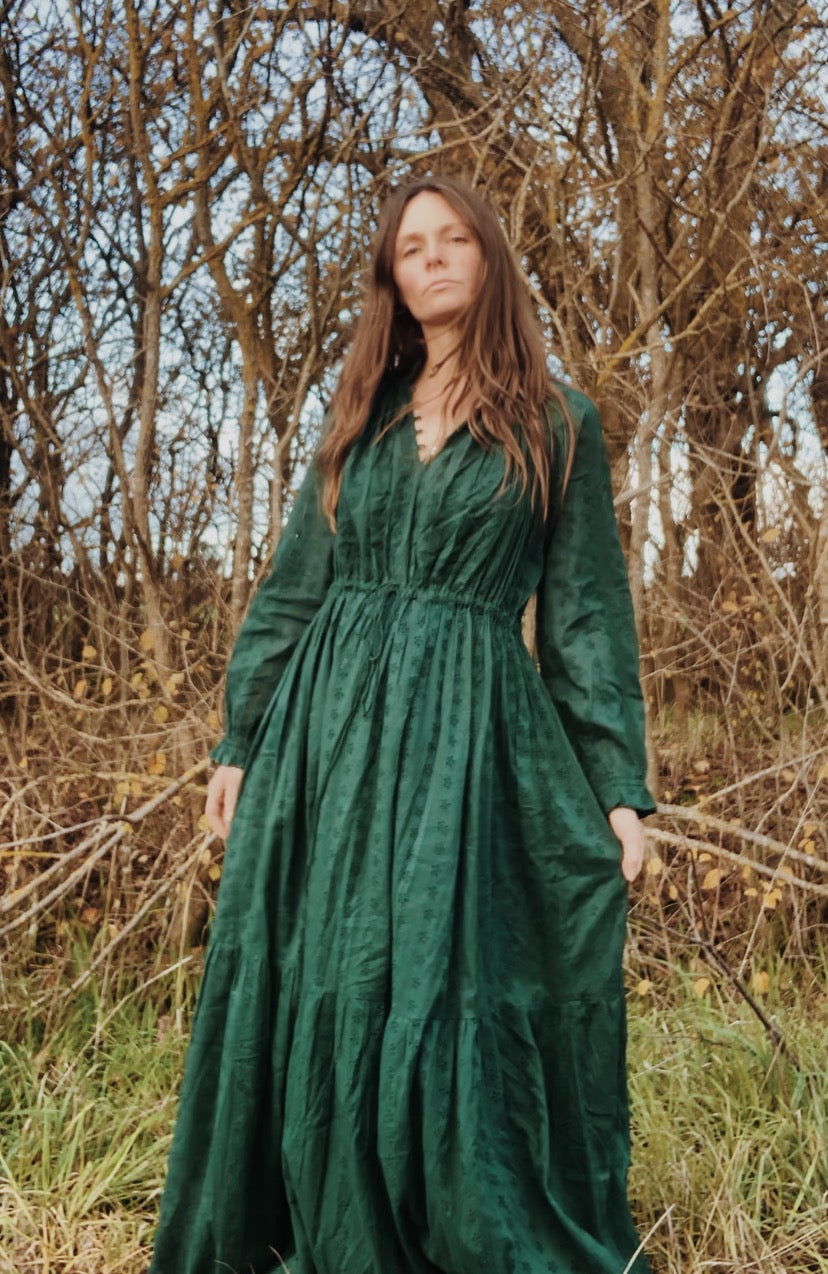 SAMPLE - 100% RECYCLED COTTON - PRAIRIE MAXI DRESS FOREST GREEN LACE
