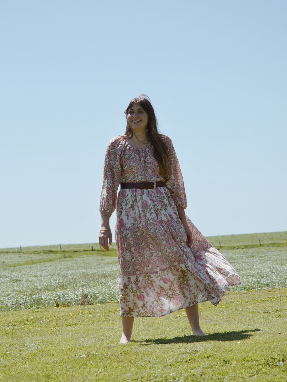 REWORKED - ONE OF A KIND PRU DRESS HAND BLOCK PINK FLORAL - SMALL - MEDIUM